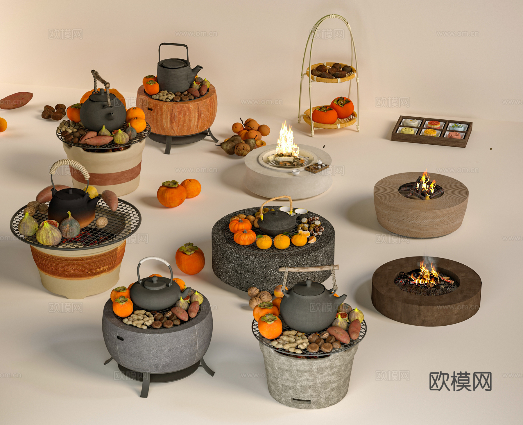 现代围炉煮茶 火炉围炉 烤火炉 茶具食品 甜品架su模型
