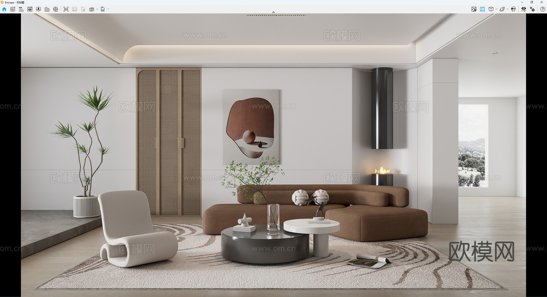 现代客厅_沙发茶几组合_休闲椅_多人沙发_壁炉_绿植盆栽su模型