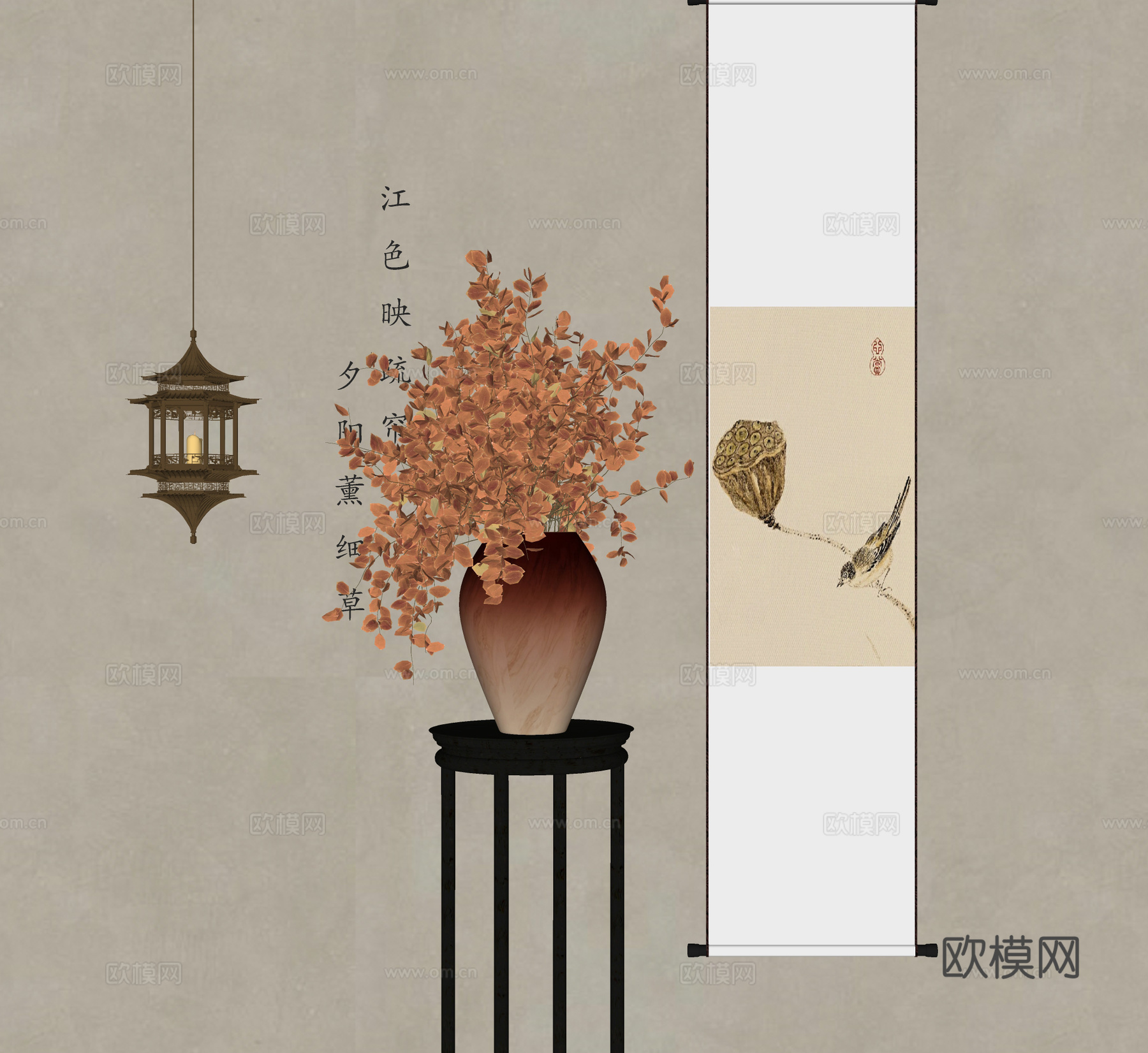 新中式花瓶花艺 插花花艺 挂画 吊灯su模型
