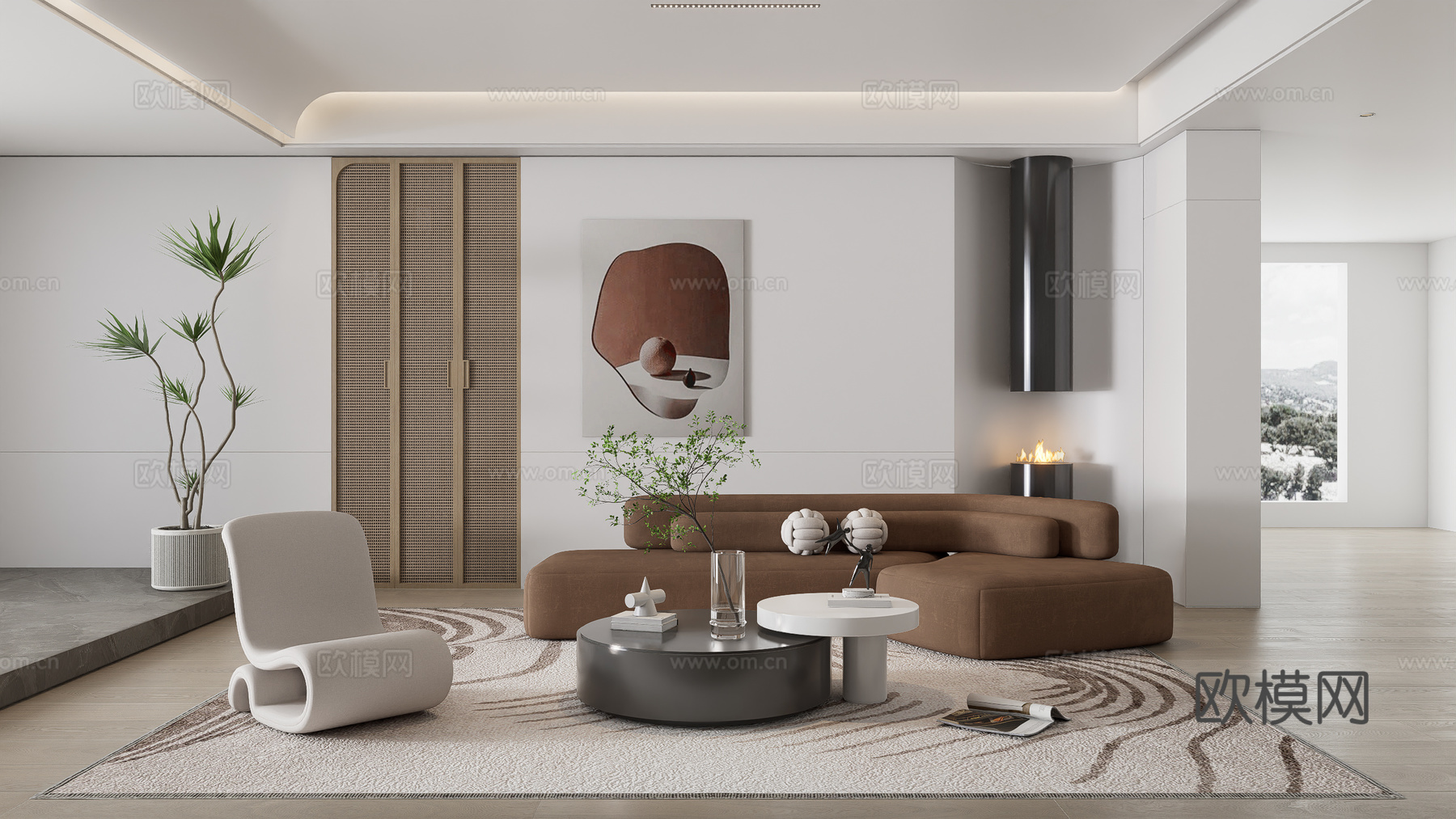 现代客厅_沙发茶几组合_休闲椅_多人沙发_壁炉_绿植盆栽su模型