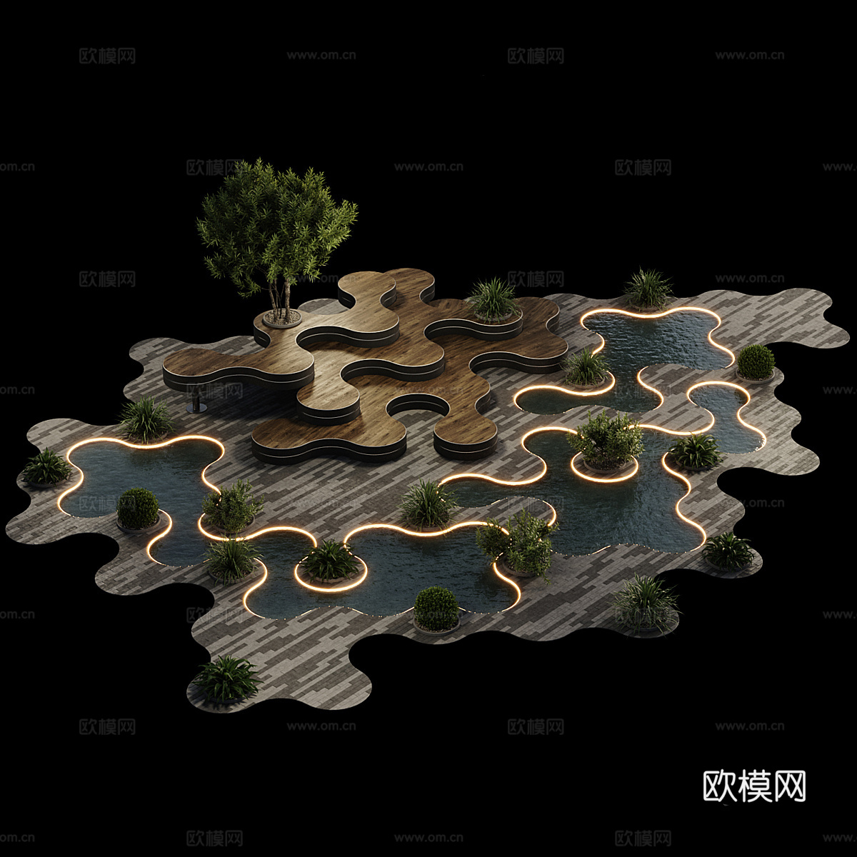 户外广场植物水系景观3d模型