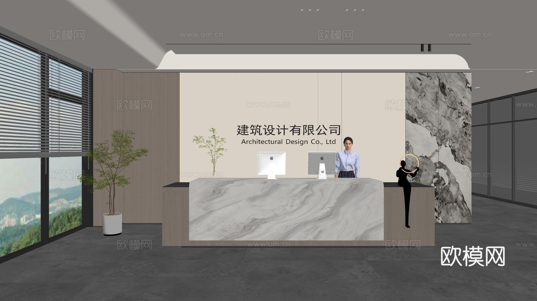 现代公司前台  接待区 吧台  接待台 服务台 公司前台背景su模型下载（渲染图2）