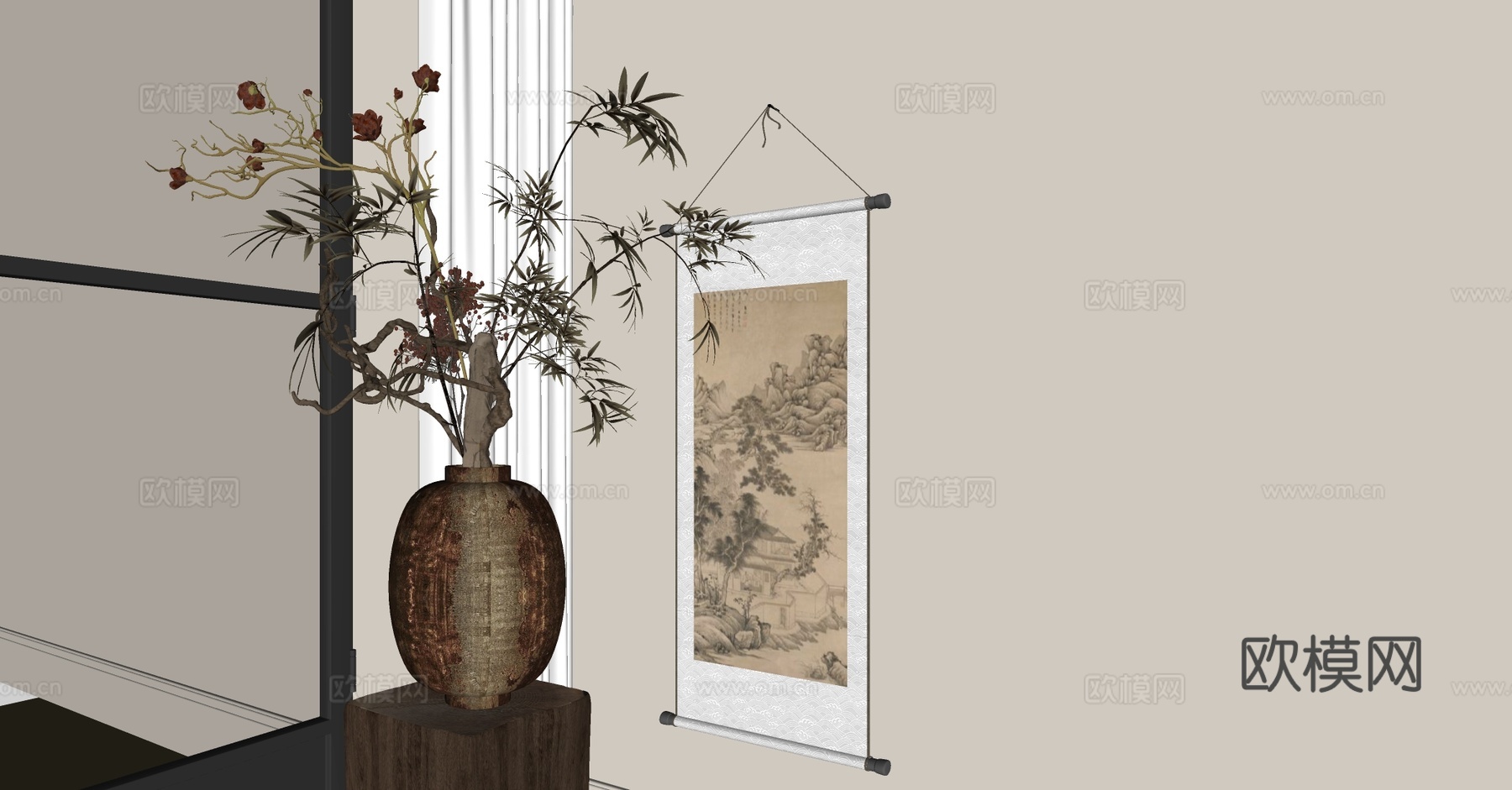 侘寂花艺 中古风盆栽植物 侘寂风植物摆件 酒店大堂花艺摆件su模型
