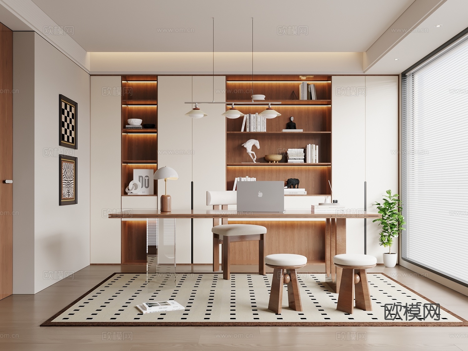 现代中古风书房 书桌椅 书柜 中古风吊灯su模型