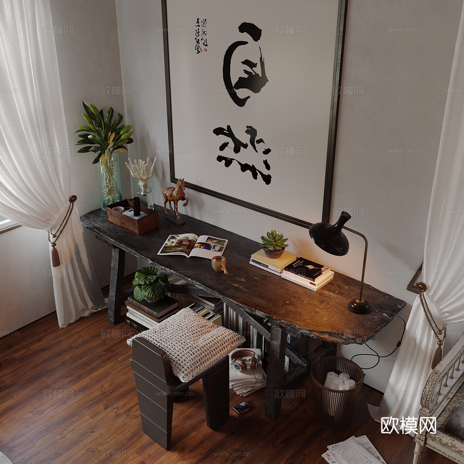 复古做旧书桌椅 挂画 台灯 书籍su模型