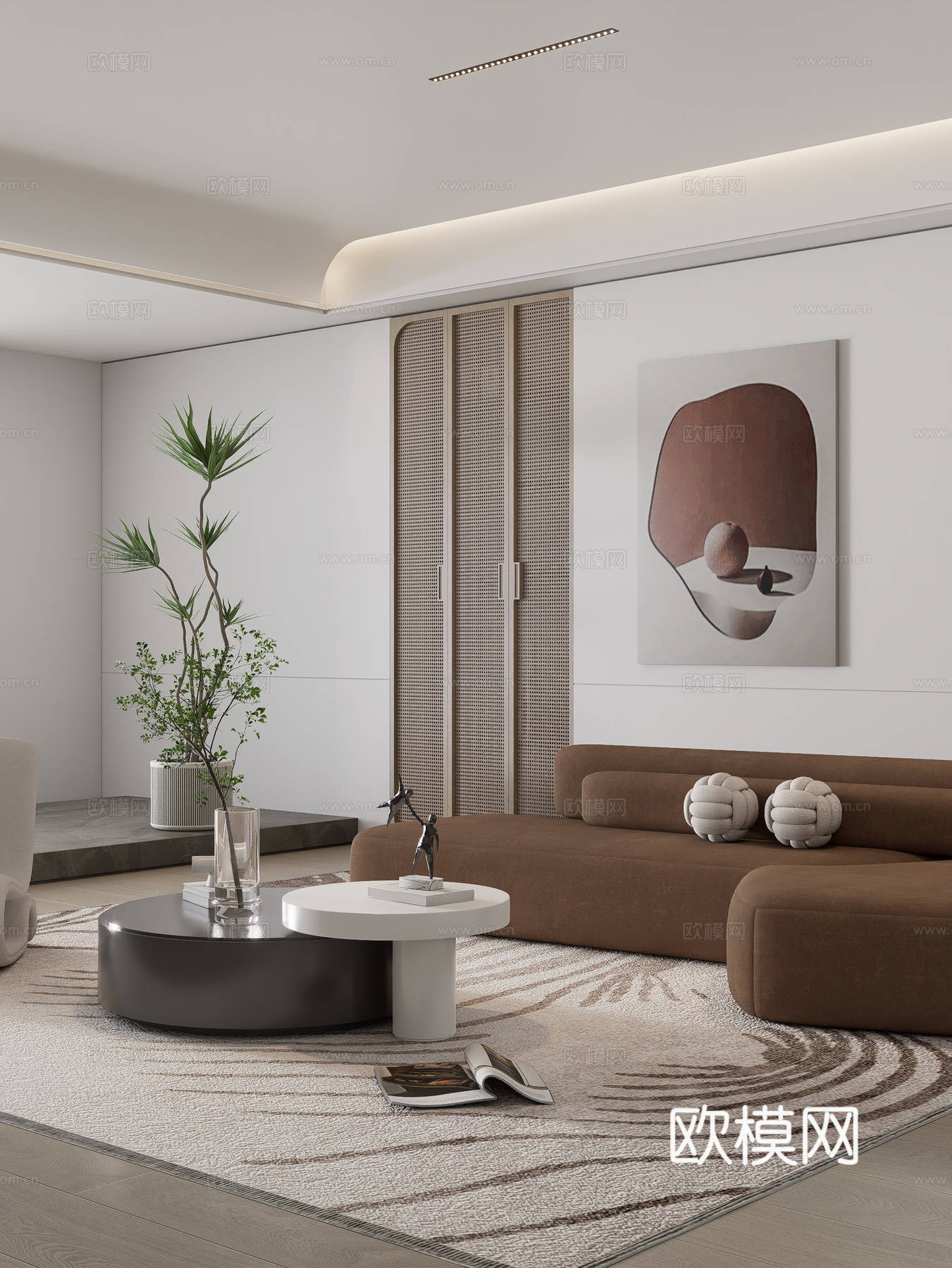 现代客厅_沙发茶几组合_休闲椅_多人沙发_壁炉_绿植盆栽su模型