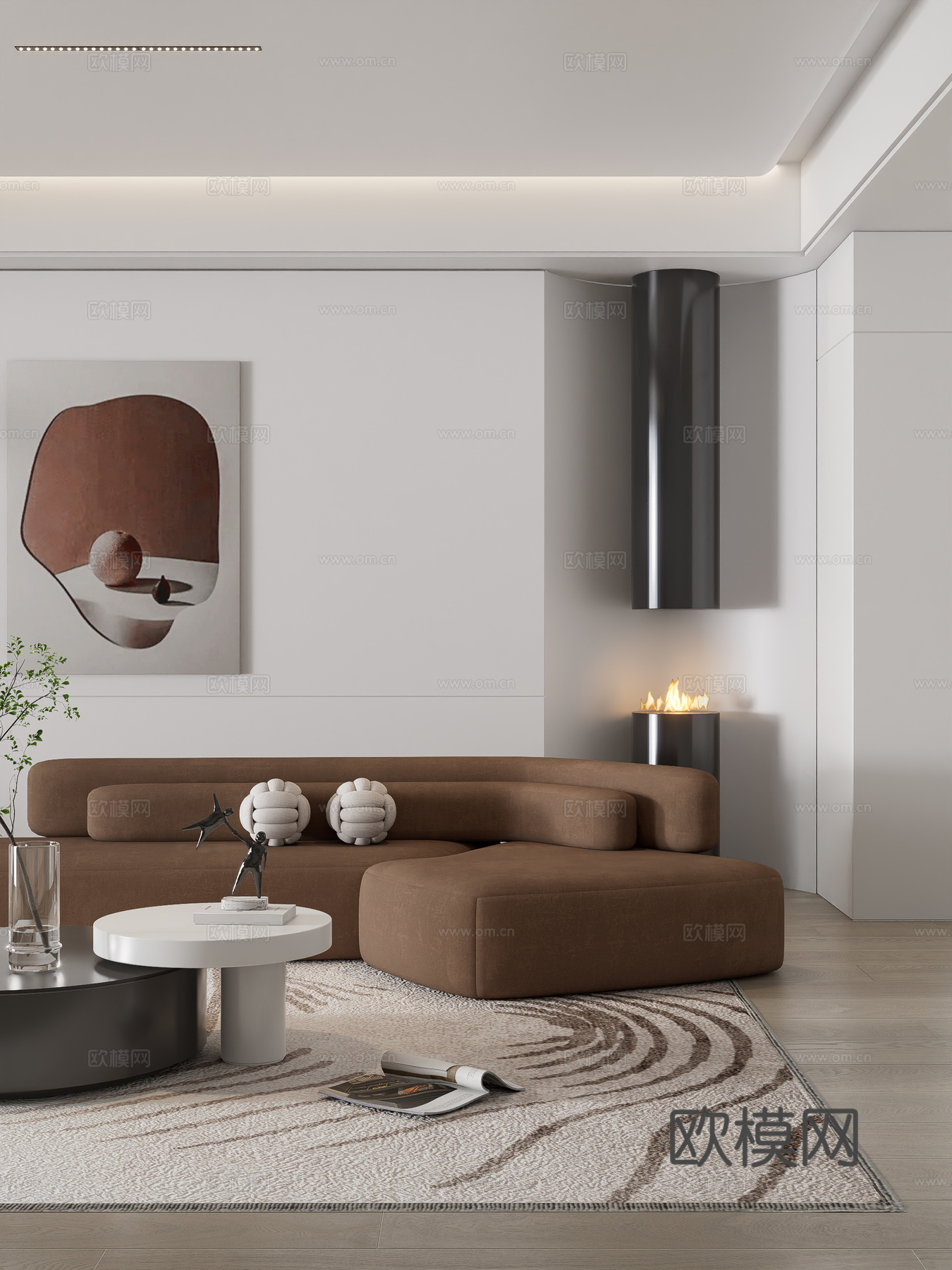 现代客厅_沙发茶几组合_休闲椅_多人沙发_壁炉_绿植盆栽su模型