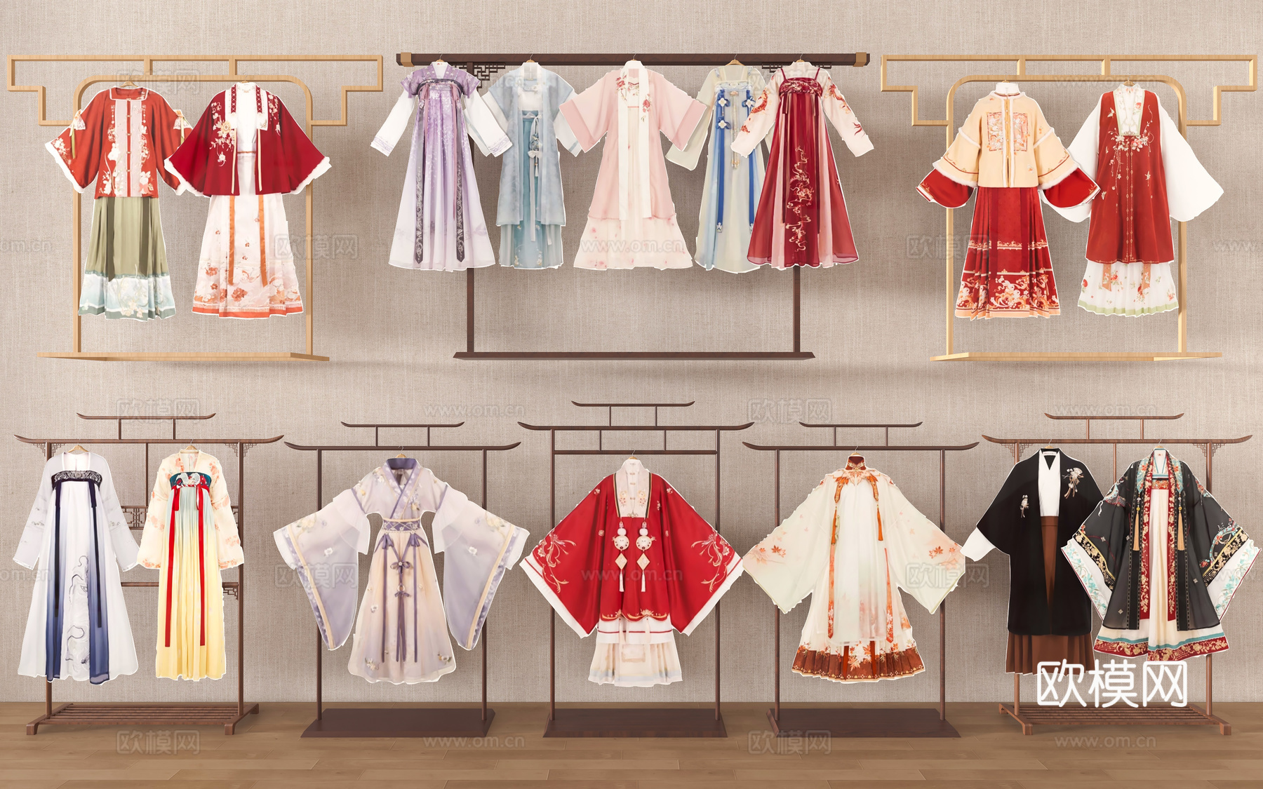 汉服展示挂衣架 衣服置物架衣架 中式汉服馆美陈 汉服唐装古装3d模型