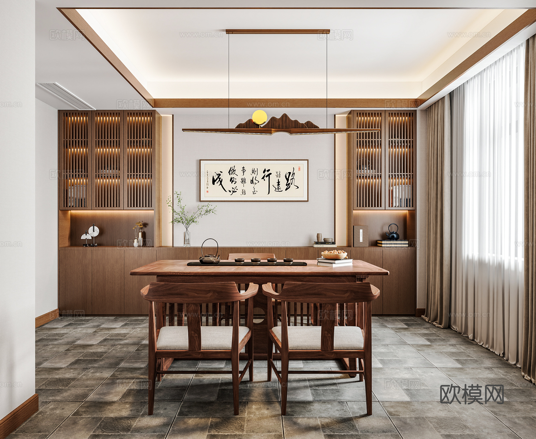 新中式中式茶室 茶室 茶桌椅 中式字画 茶室柜 茶具 新中式su模型