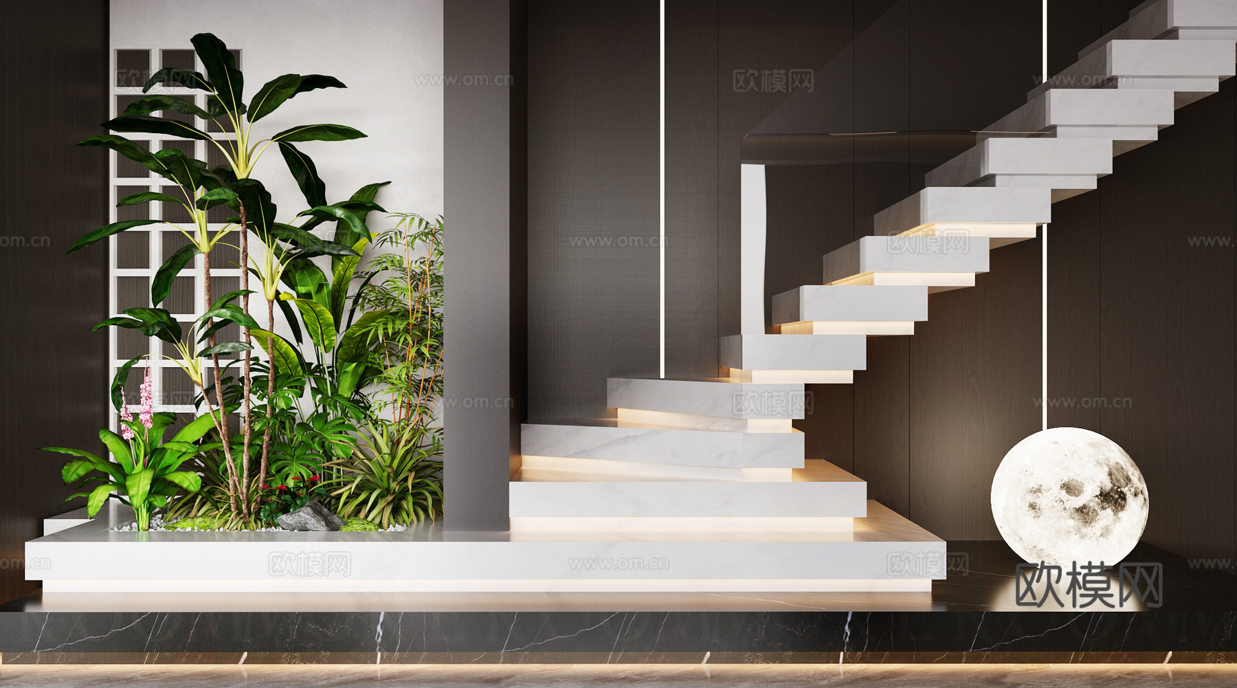 新中式室内景观 楼梯景观 地下室景观小品 造景 楼梯间端景su模型