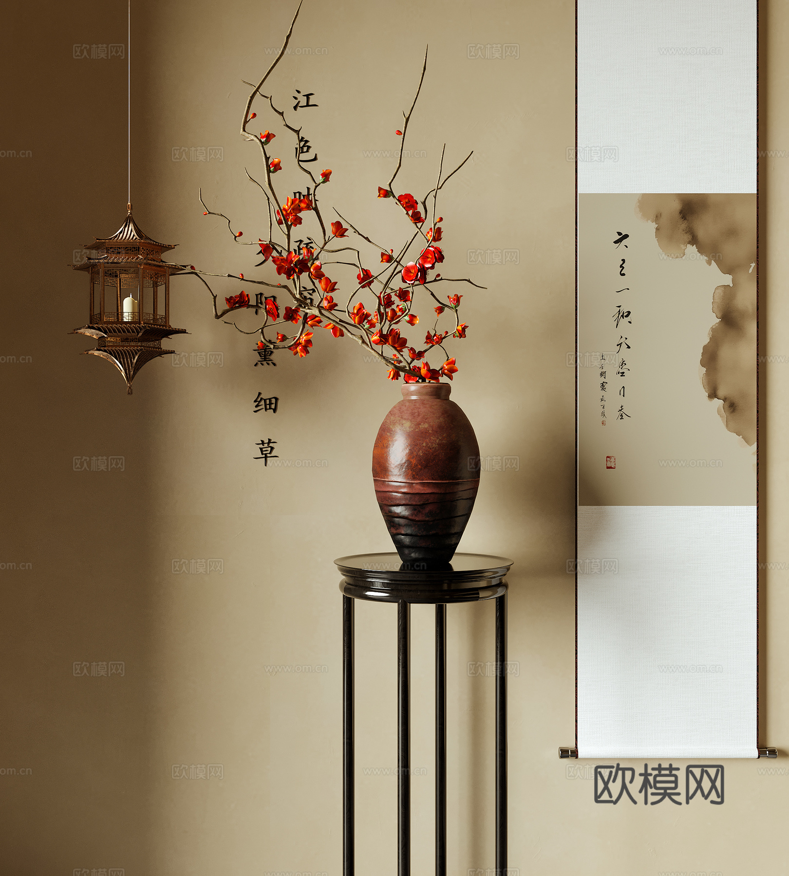 新中式花瓶花艺 插花花艺 挂画 吊灯3d模型