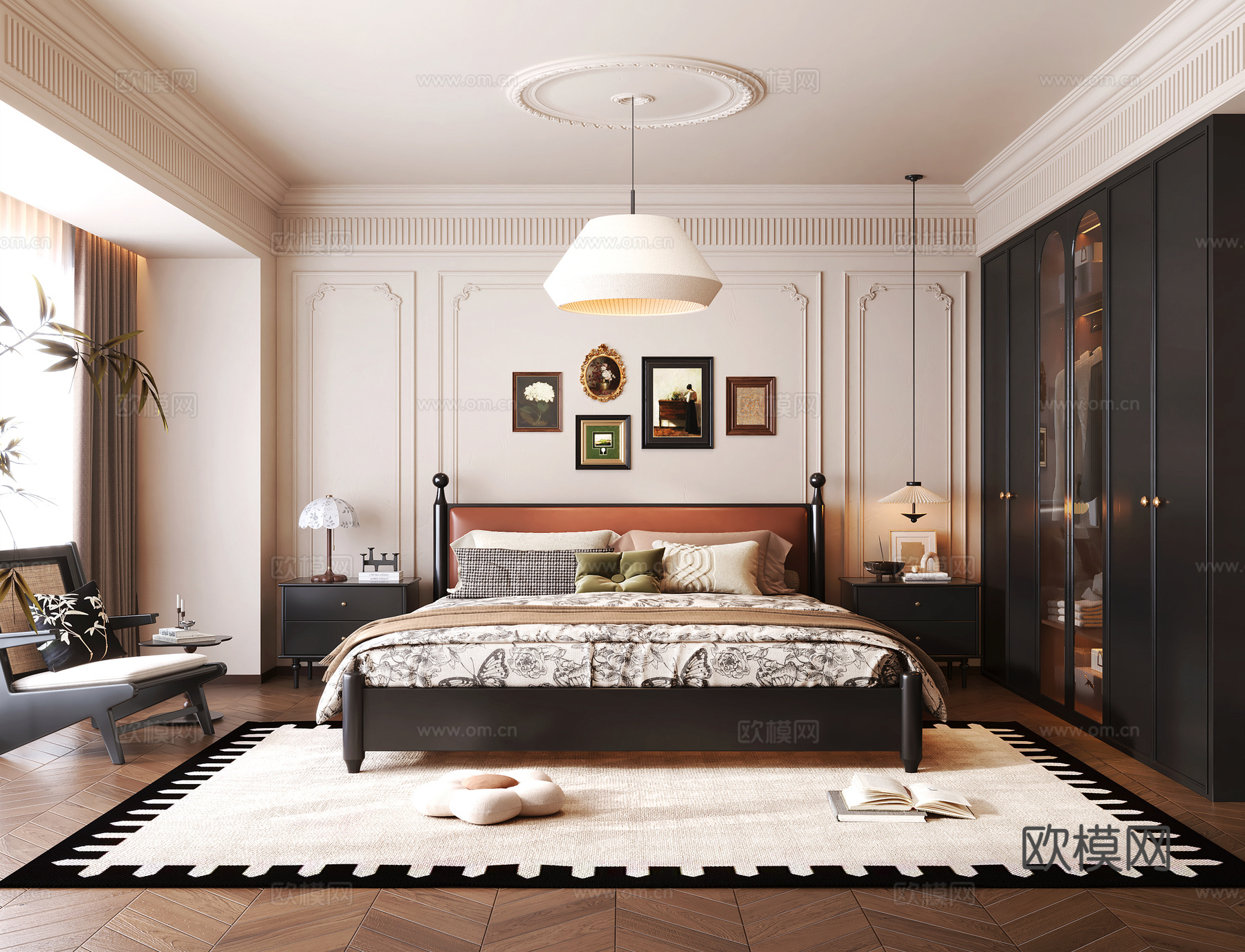 法式中古家居卧室 法式床 衣柜 床头柜 装饰画摆件 卧室吊灯3d模型