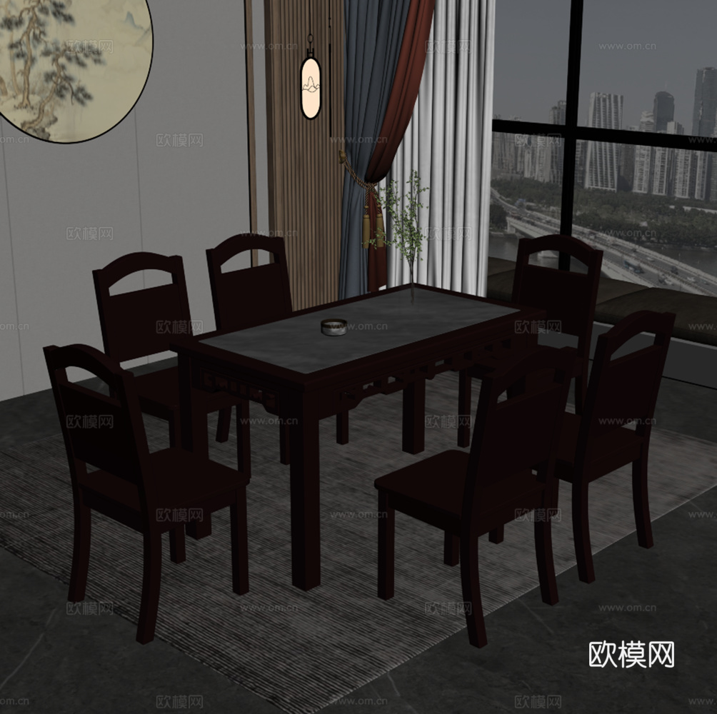 新中式餐桌椅组合 单椅 长条形餐桌 植物摆件 六人su模型