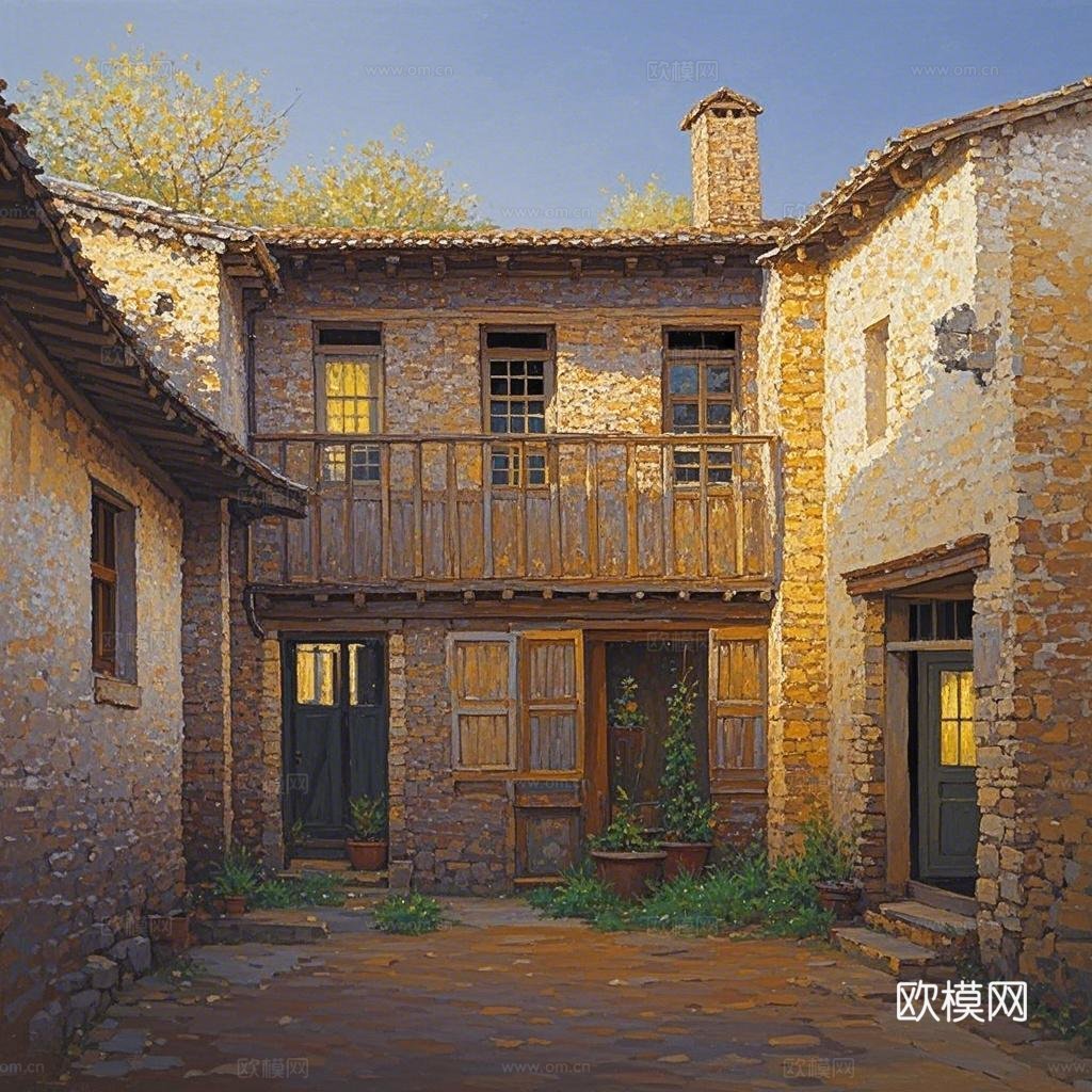 老土墙房子油画