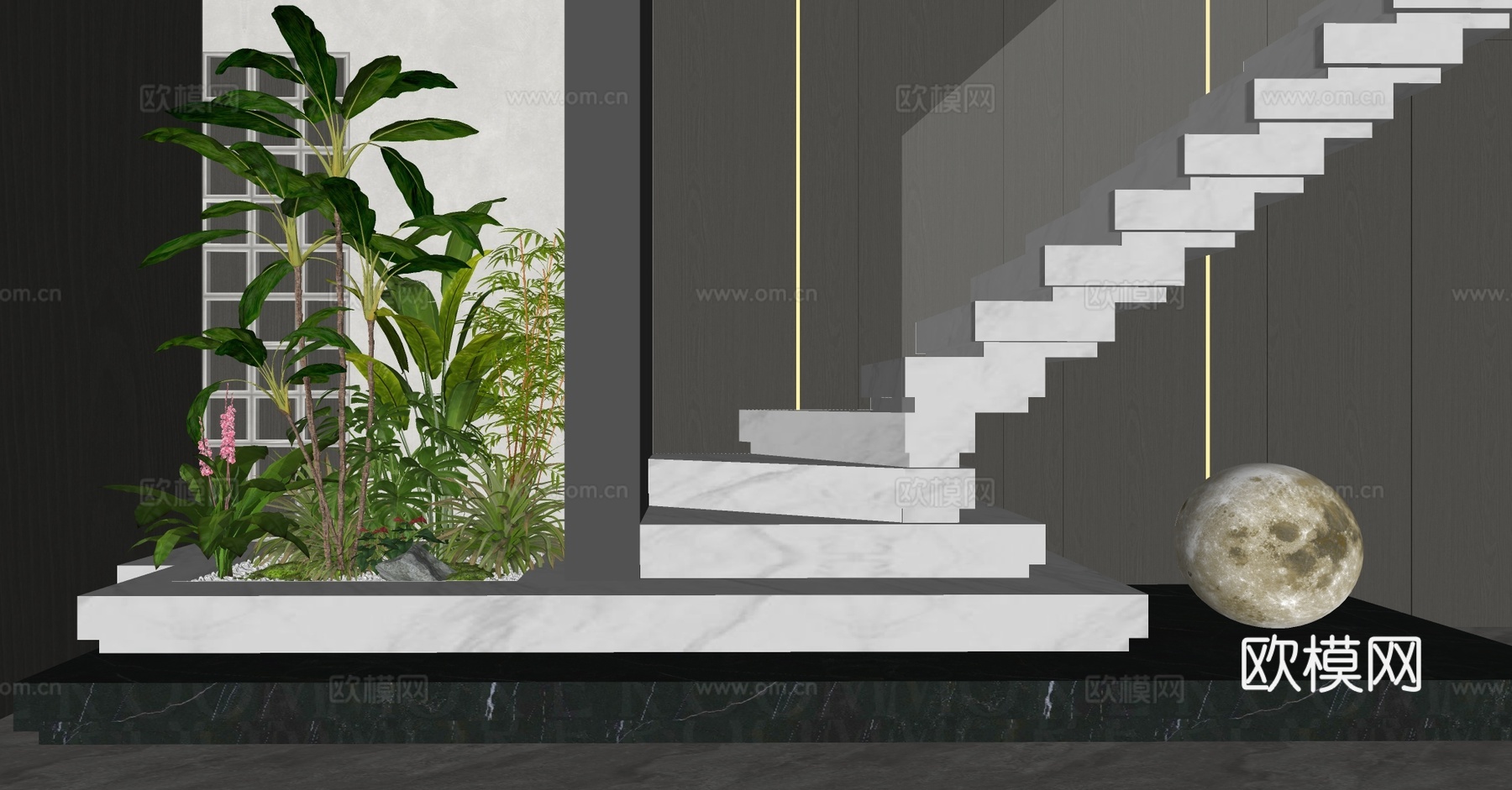 新中式室内景观 楼梯景观 地下室景观小品 造景 楼梯间端景su模型