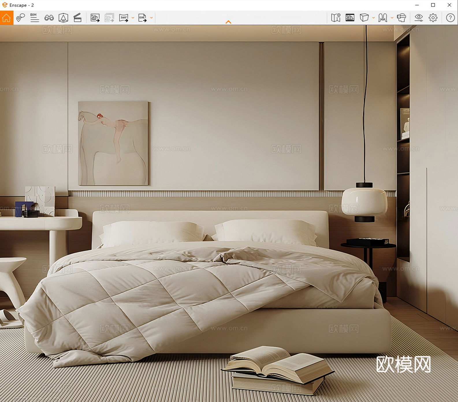 中古风双人床su模型下载（渲染图2）