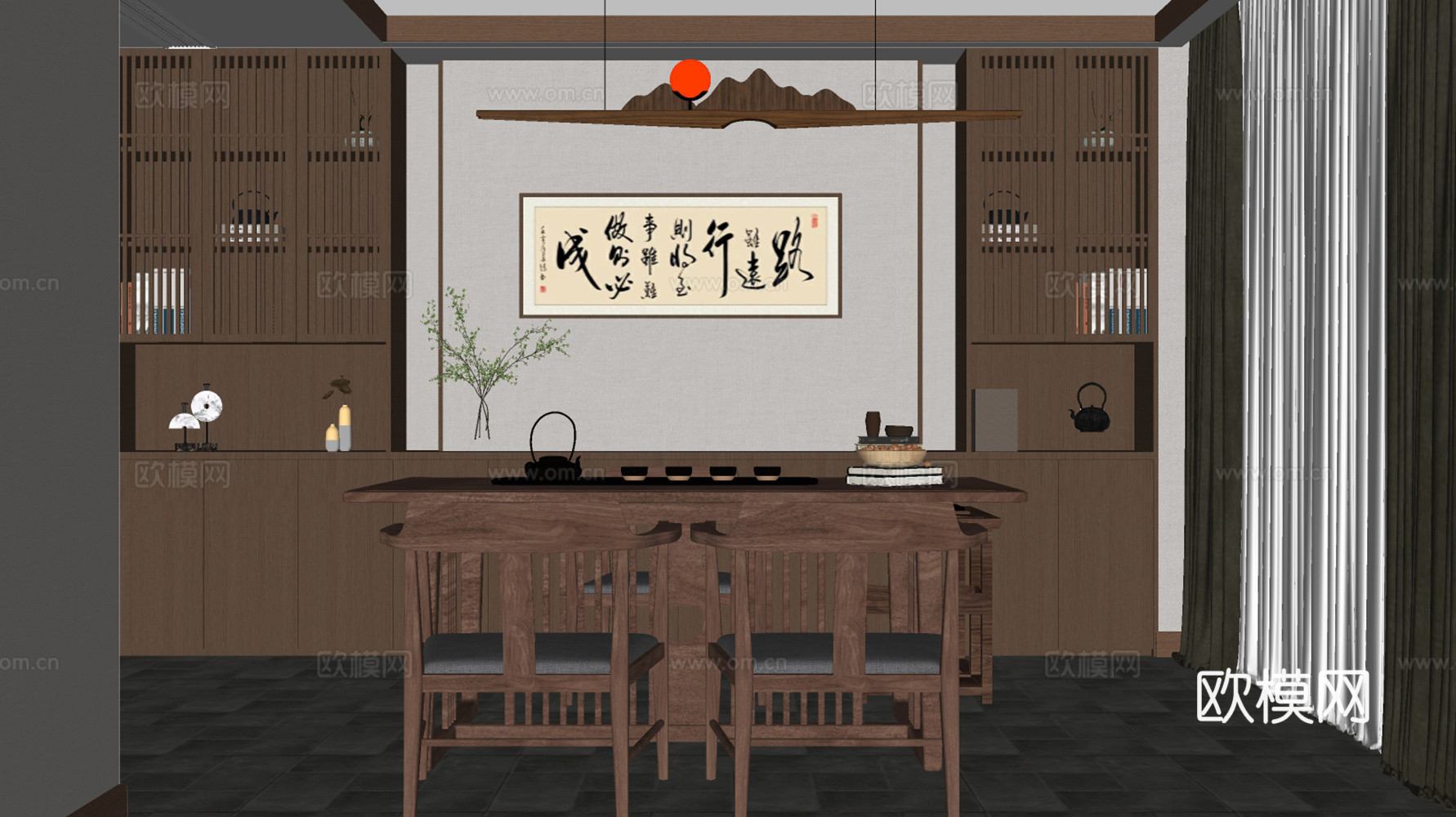 新中式中式茶室 茶室 茶桌椅 中式字画 茶室柜 茶具 新中式su模型