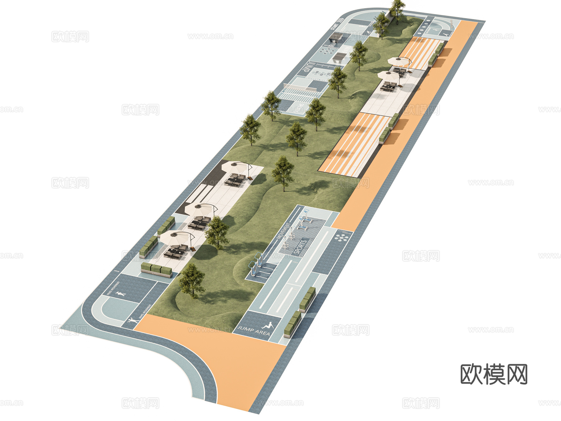 现代口袋公园 景观公园线性公园 儿童游乐场地 塑胶跑道公园su模型