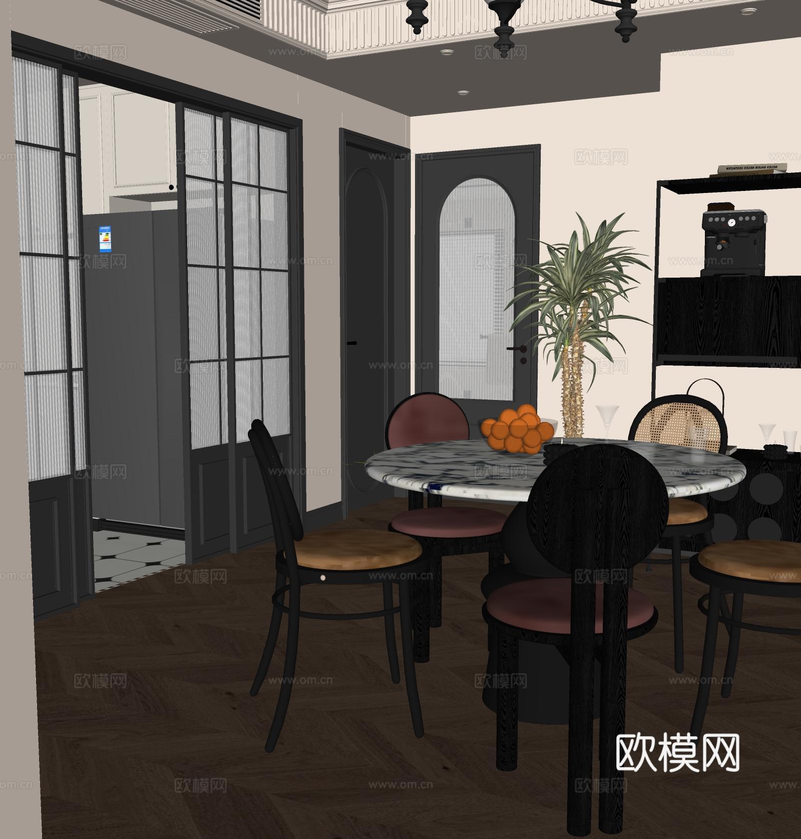 中古风原木餐桌椅组合su模型