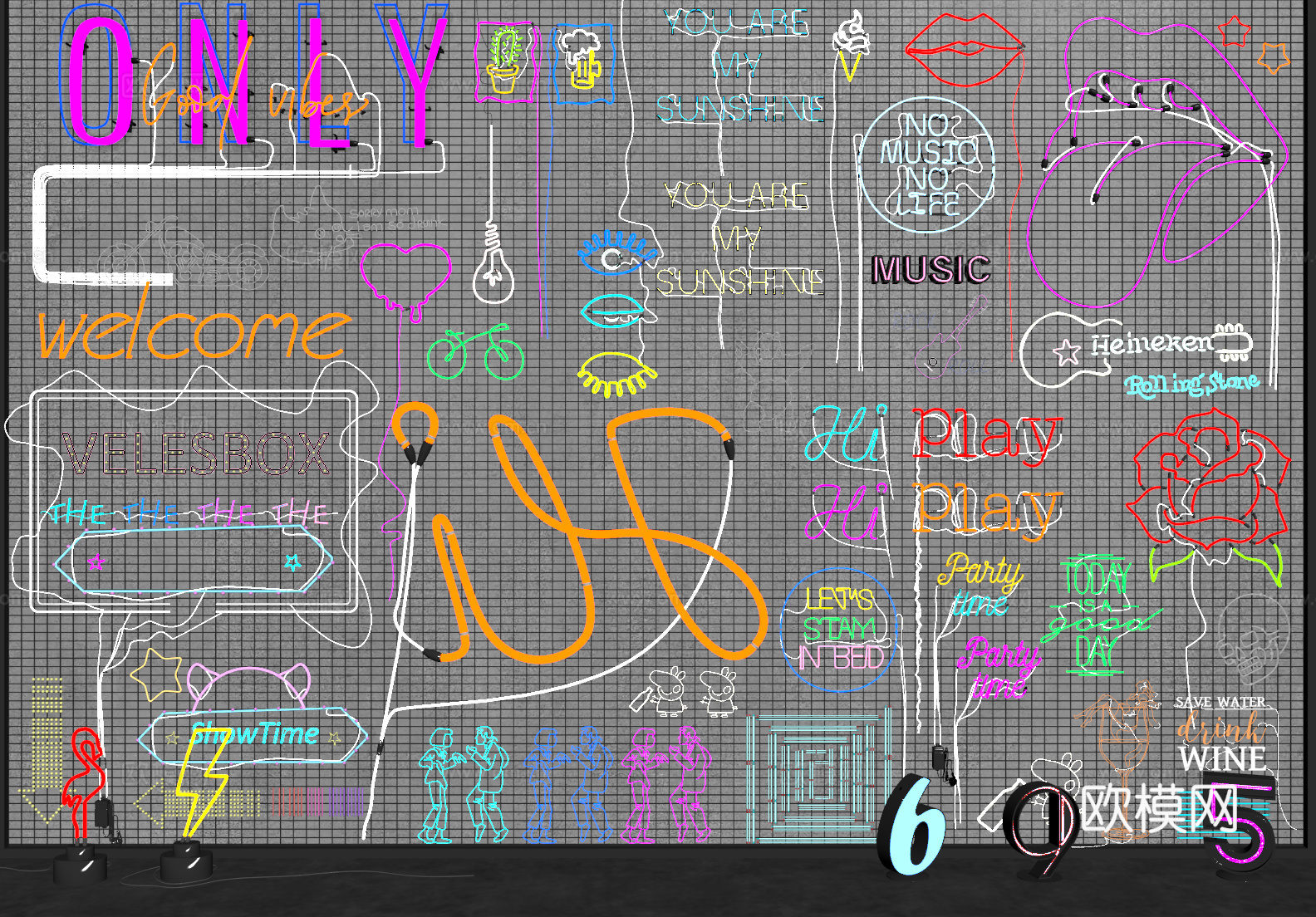 现代霓虹灯 网红灯 夜市美食霓虹灯 装饰灯 酒吧霓虹灯su模型