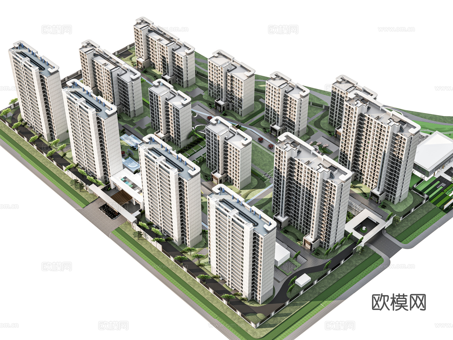 现代小区建筑 小区住宅楼 小区景观广场 高层住宅 塑胶跑道公su模型