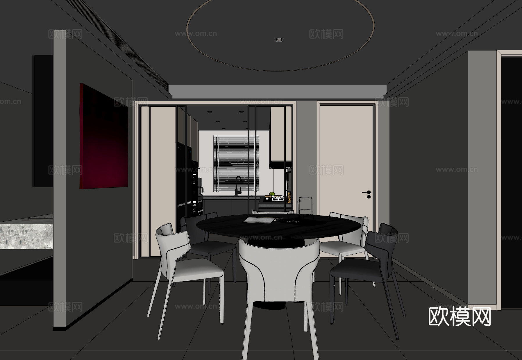 现代极简餐厅厨房su模型