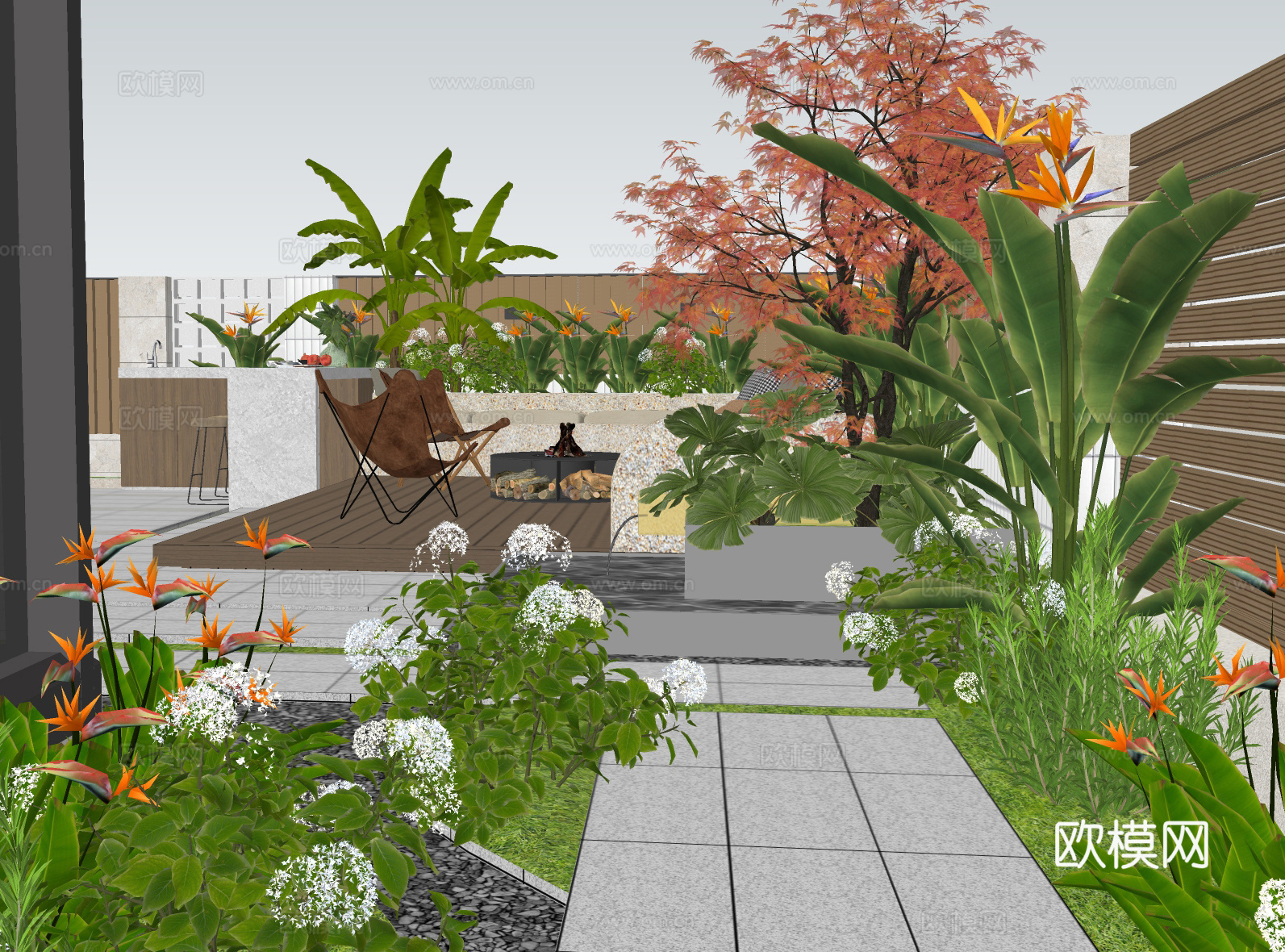 现代庭院景观 庭院花园 户外卡座 操作台 景观植物组合su模型