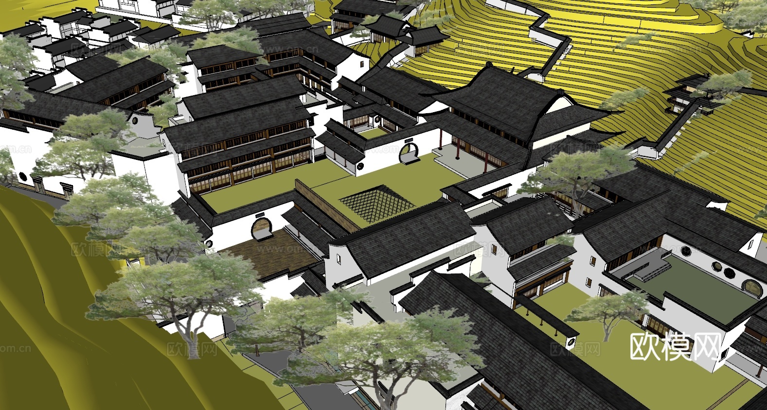山地地形徽派古建民居民宅度假村规划su模型