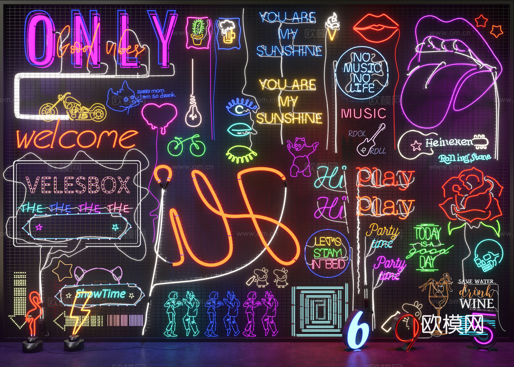 现代霓虹灯 网红灯 夜市美食霓虹灯 装饰灯 酒吧霓虹灯su模型