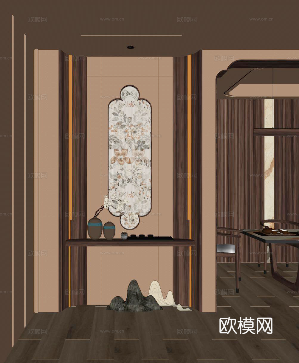 宋式 中古风 环抱式 如意造型 贴花玻璃 入户隔断 玄关su模型