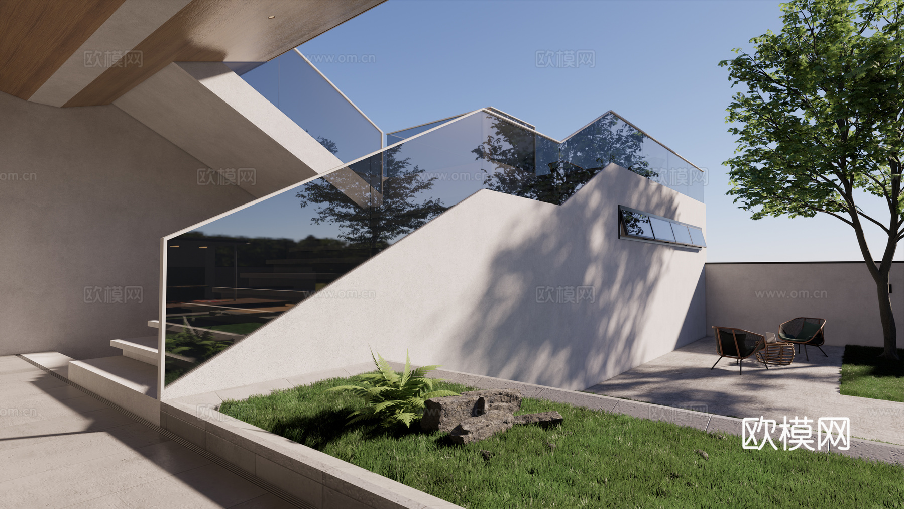 现代别墅；自建房改造；现代建筑庭院su模型