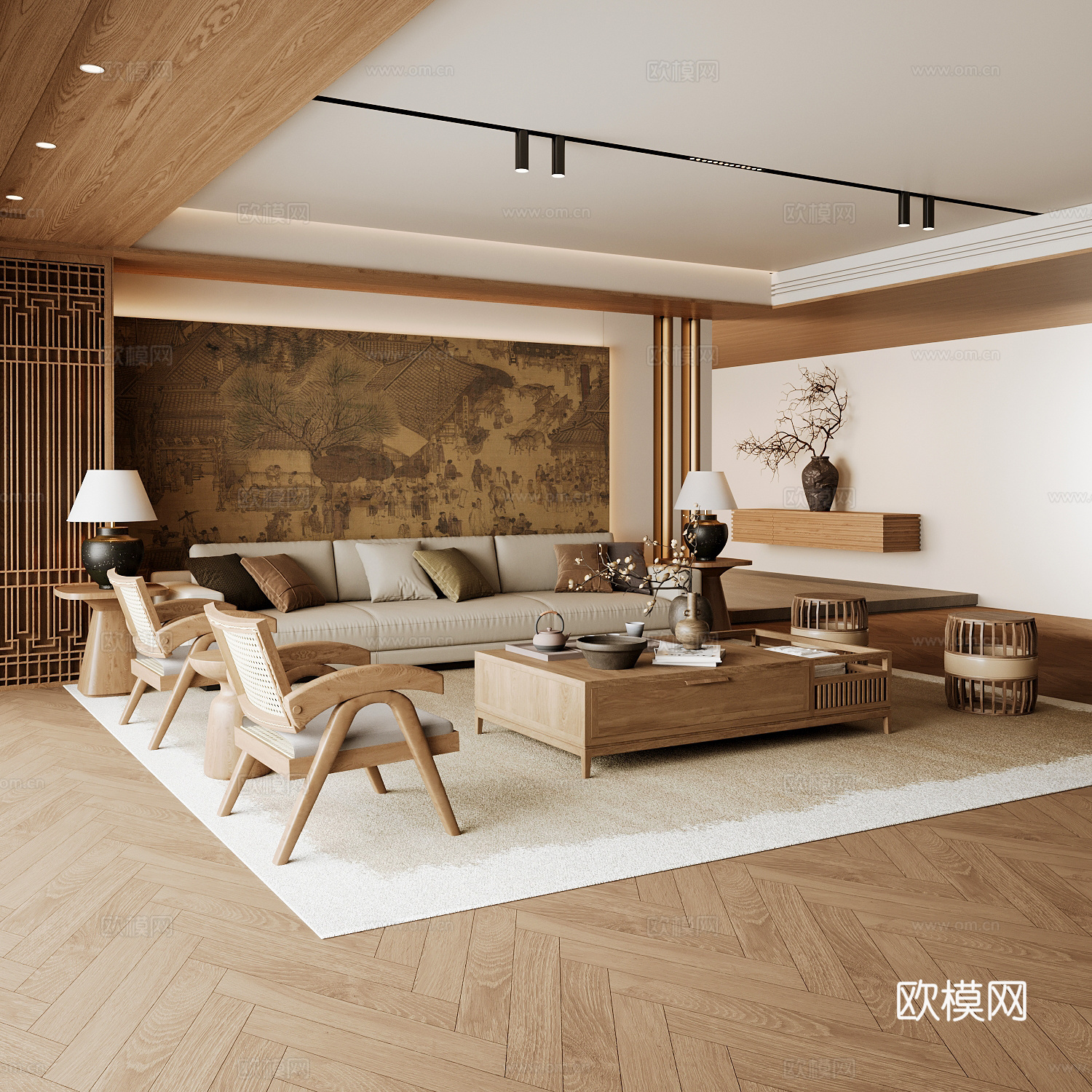 新中式宋式客厅 中式沙发组合  宋氏美学 实木茶几 中式背景3d模型