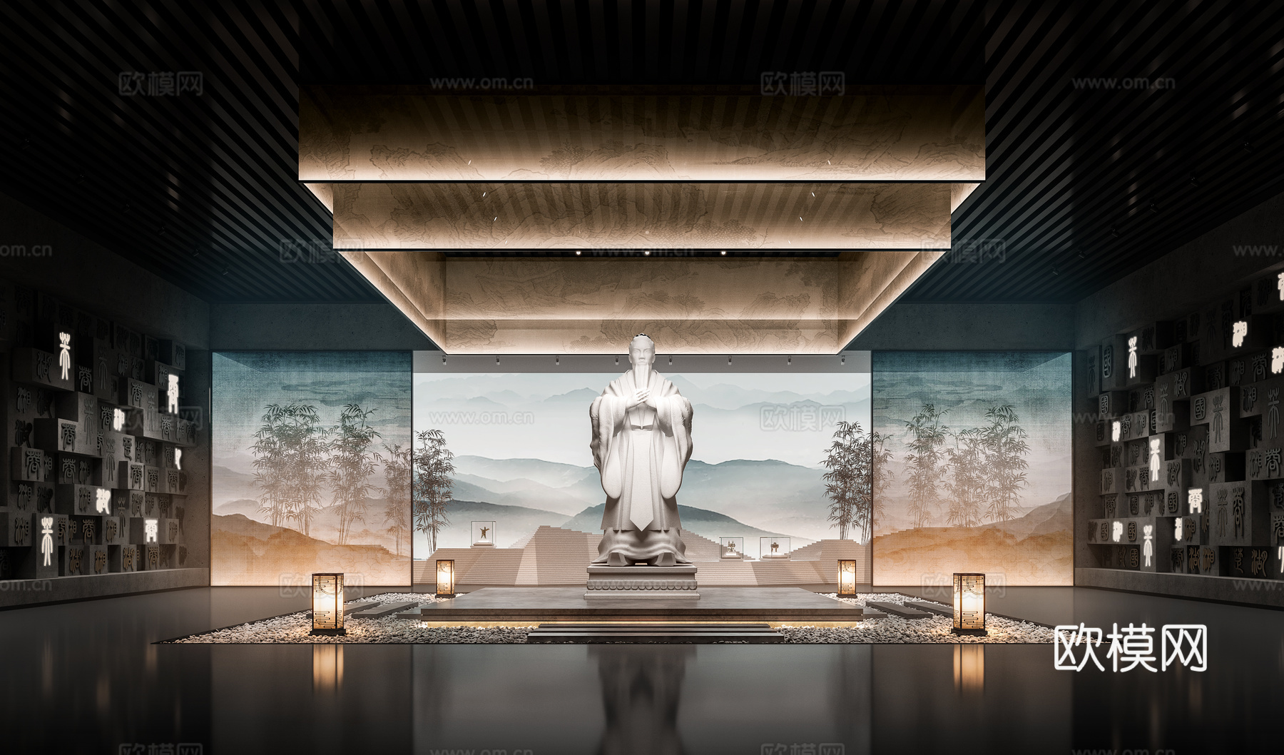 博物馆 展厅 人  雕塑 竹子 山 鹅软石3d模型