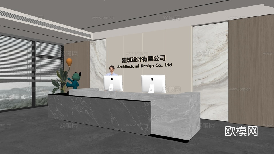 现代公司前台 接待区 吧台 接待台 服务台 公司前台背景su模型下载(渲染图2)