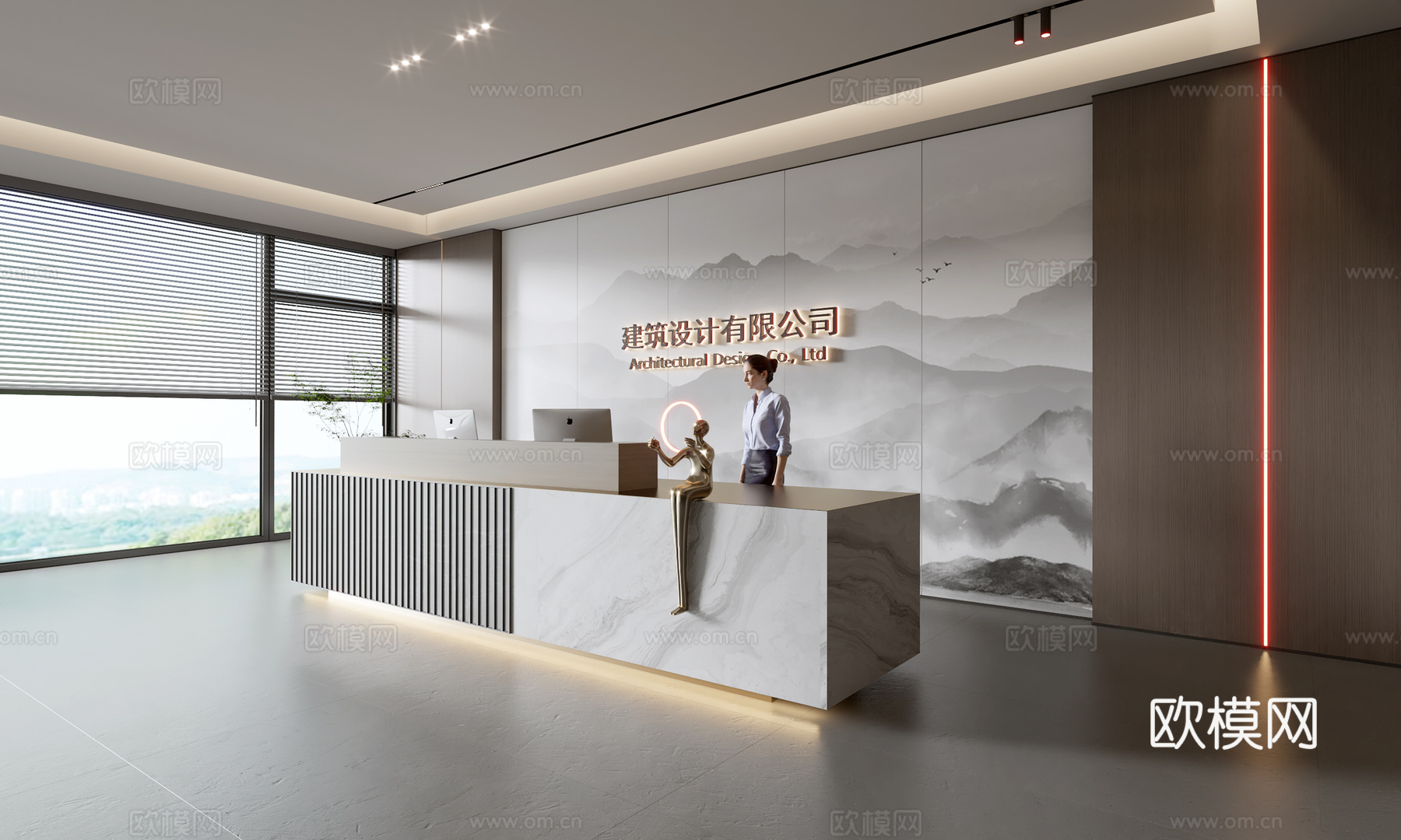 现代公司前台  接待区 吧台  接待台 服务台 公司前台背景3d模型下载