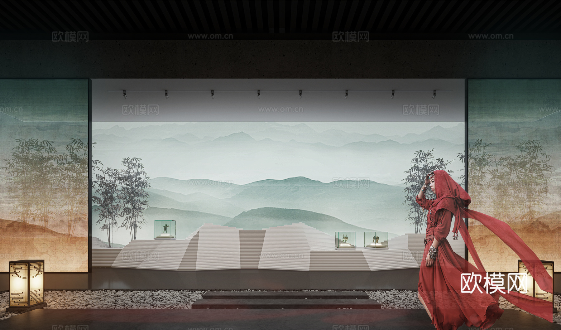 博物馆 展厅 人  雕塑 竹子 山 鹅软石3d模型