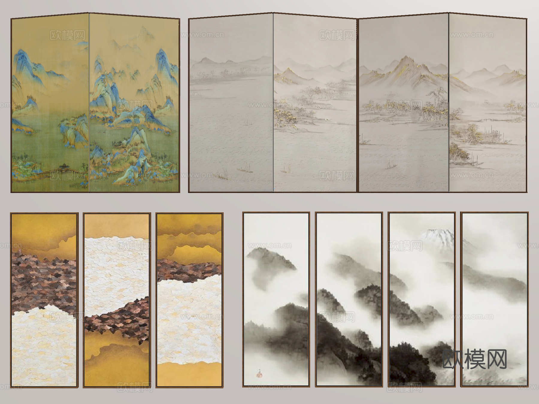 屏风 壁画屏风 水墨画屏风su模型