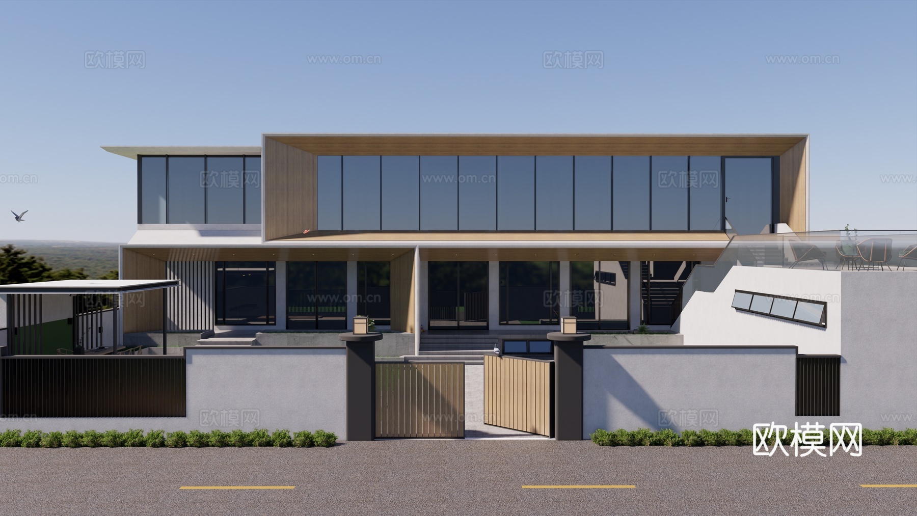 现代别墅；自建房改造；现代建筑庭院su模型