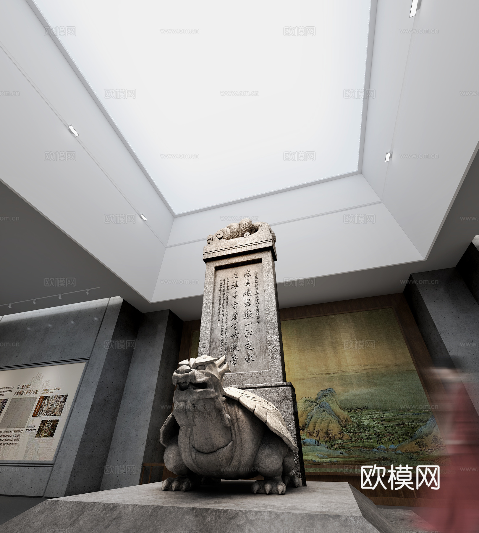 博物馆 展厅 人  雕塑 碑 展墙3d模型