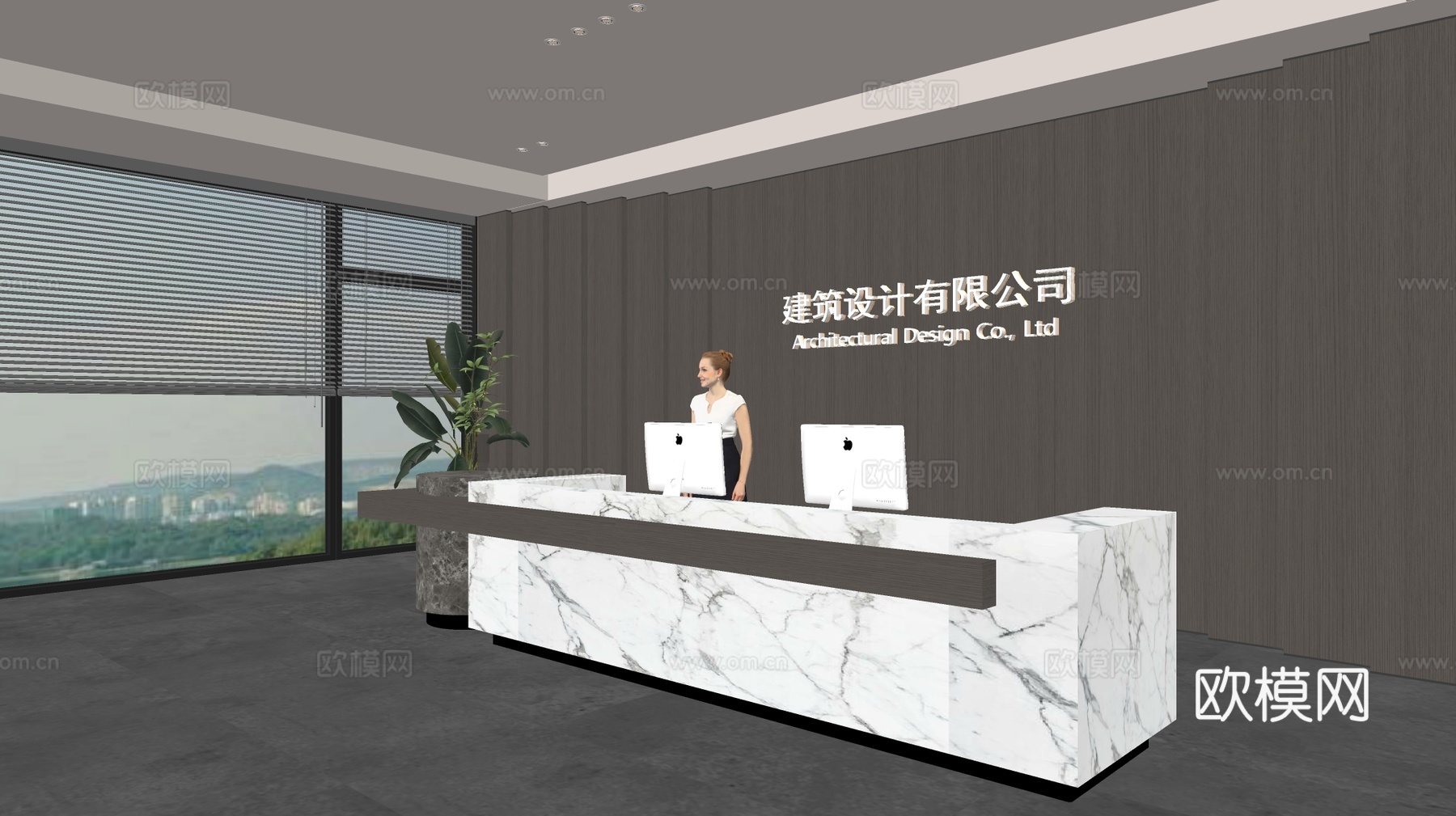 现代公司前台  接待区 吧台  接待台 服务台 公司前台背景su模型下载（渲染图2）