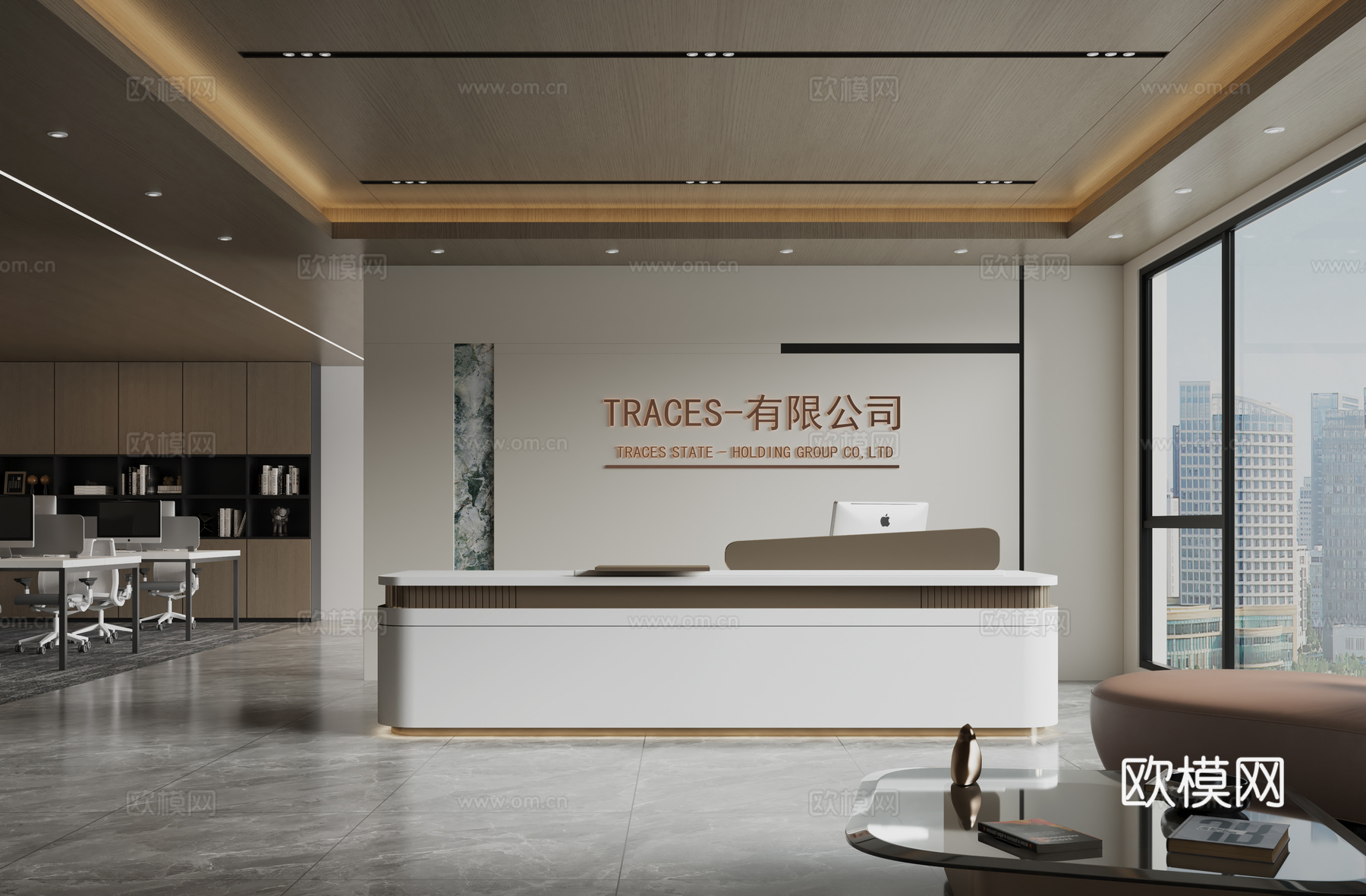 现代公司前台 办公区 接待区 前台 背景墙 画su模型