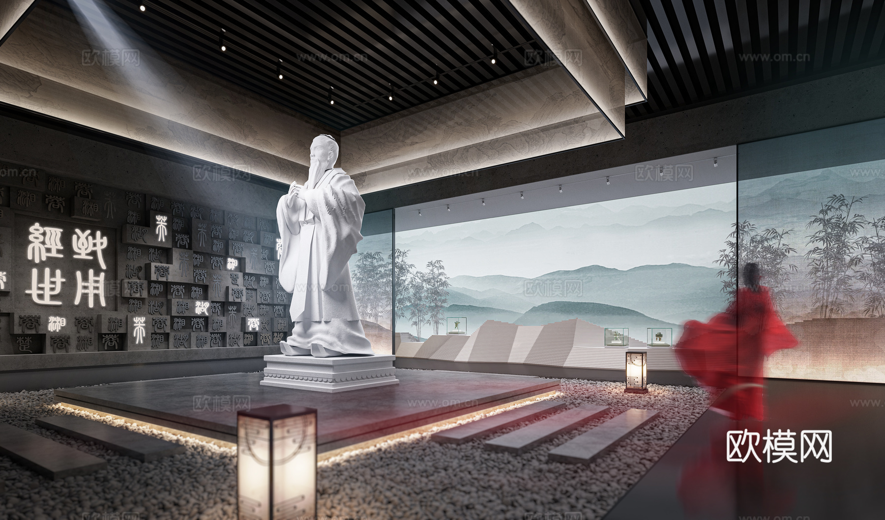 博物馆 展厅 人  雕塑 竹子 山 鹅软石3d模型