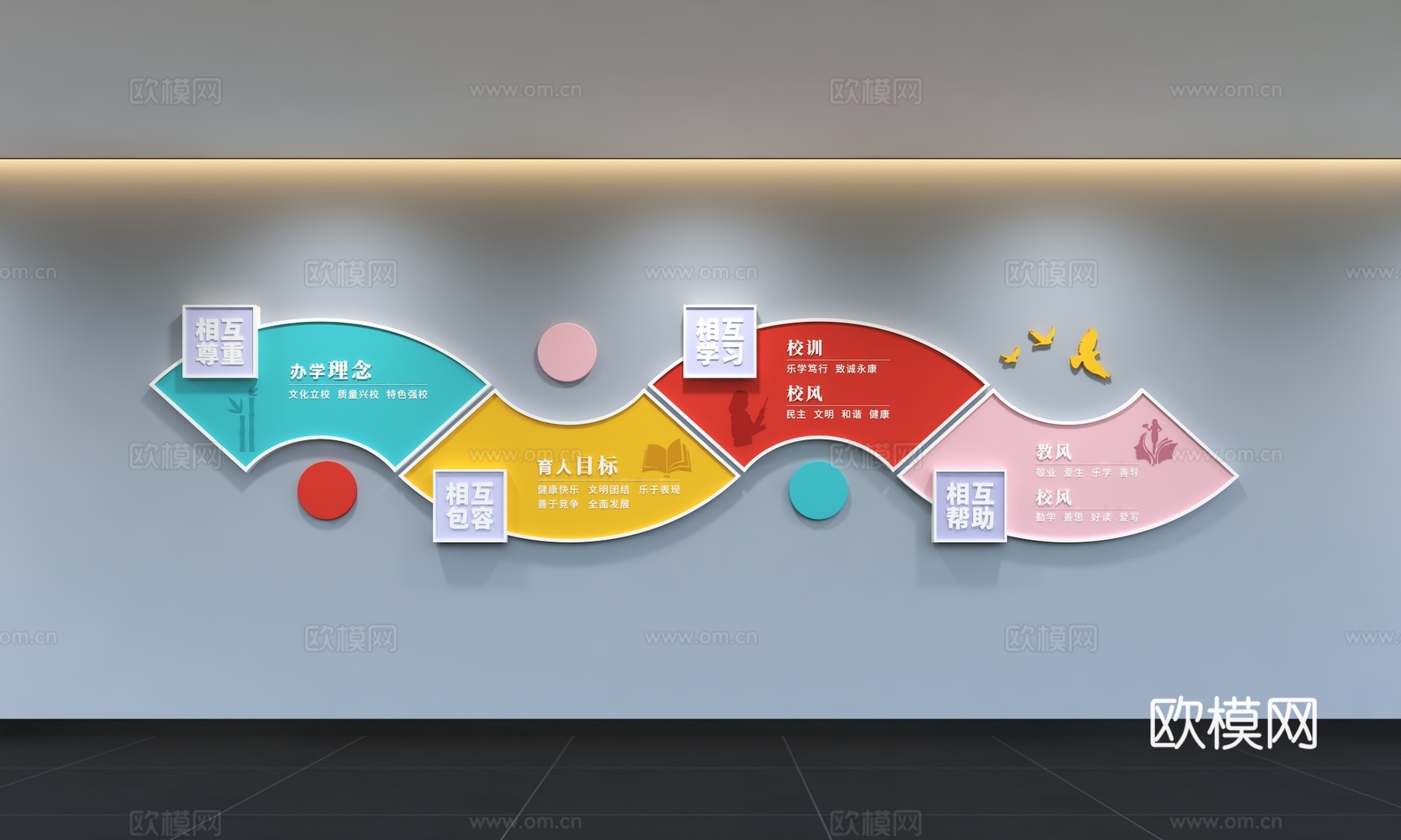 现代校园文化墙 校风 校训 教育文化 展示墙 标语 宣传栏3d模型