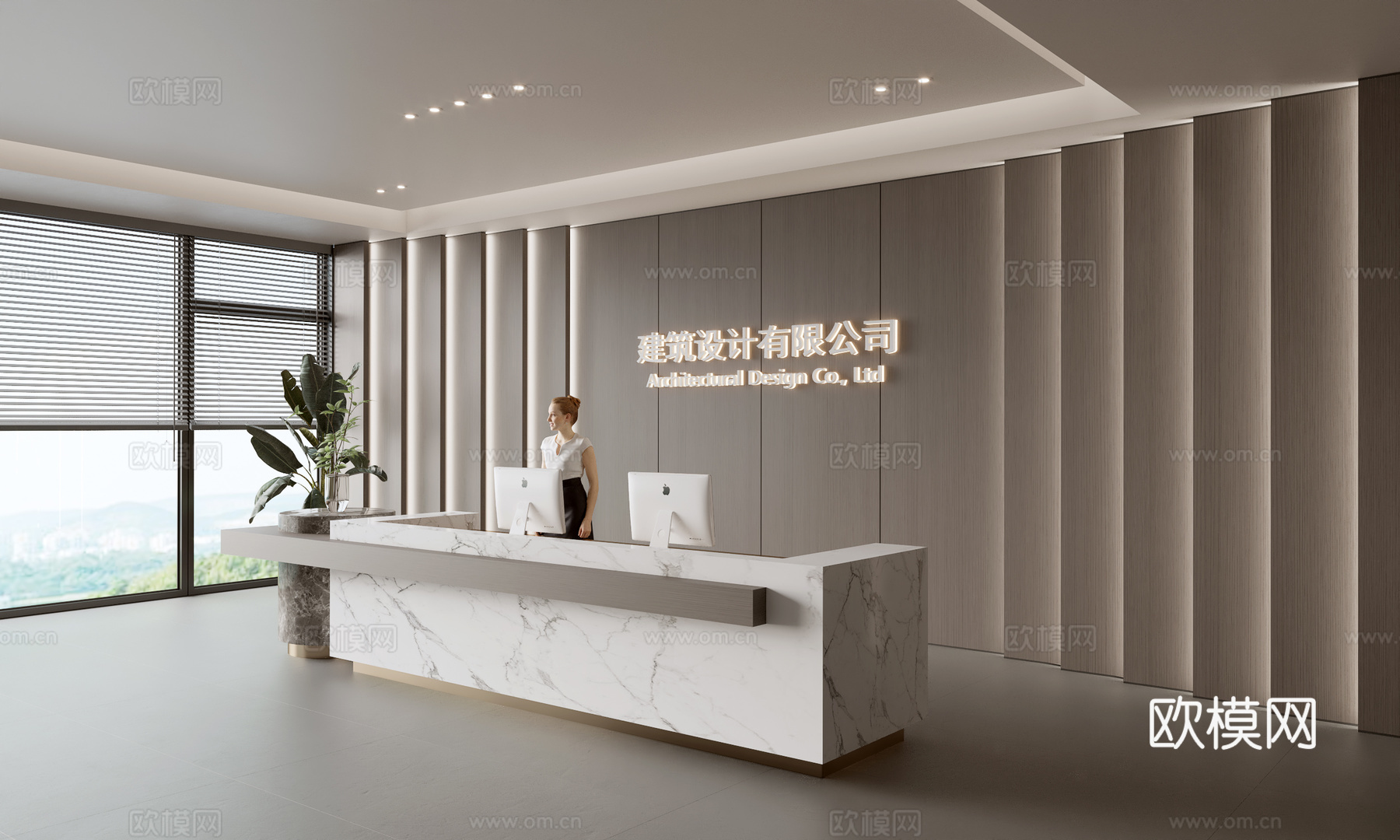 现代公司前台  接待区 吧台  接待台 服务台 公司前台背景su模型下载（渲染图1）