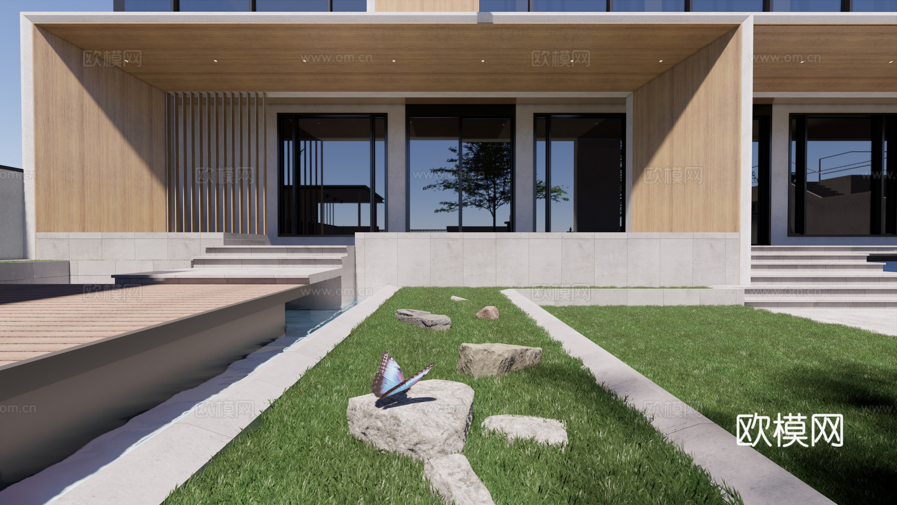 现代别墅；自建房改造；现代建筑庭院su模型