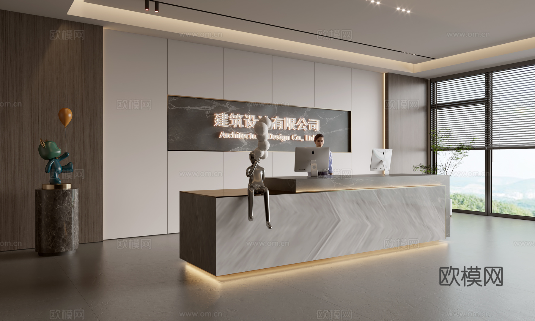 现代公司前台  接待区 吧台  接待台 服务台 公司前台背景su模型下载（渲染图1）
