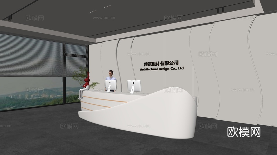 现代公司前台 接待区 吧台 接待台 服务台 公司前台背景su模型下载(渲染图2)