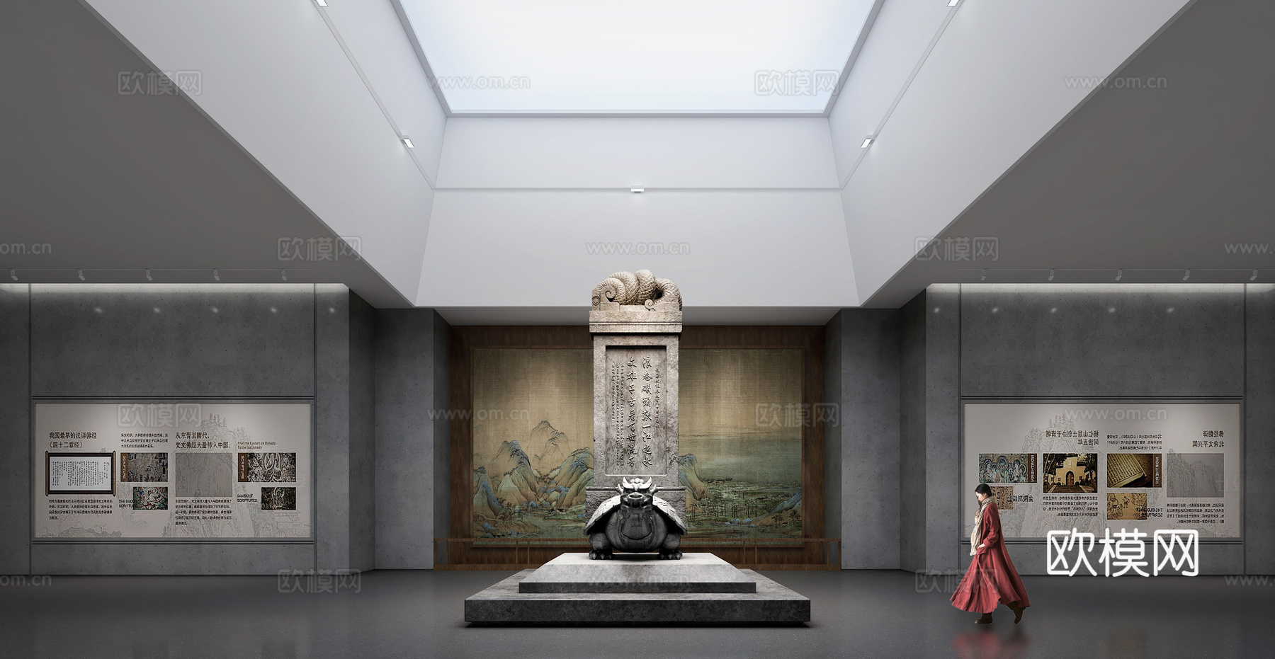 博物馆 展厅 人  雕塑 碑 展墙3d模型