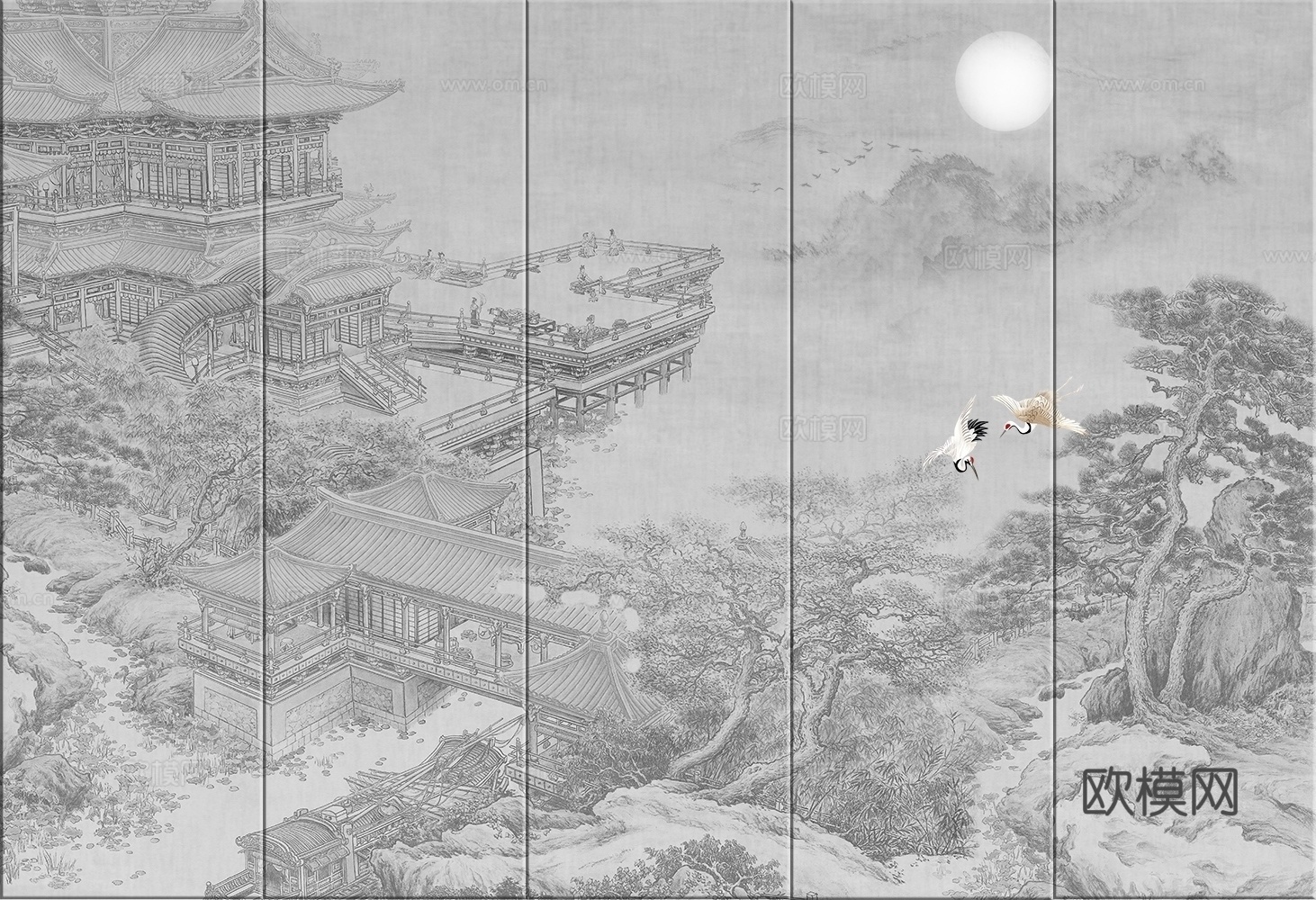 中式建筑亭台仙鹤壁纸