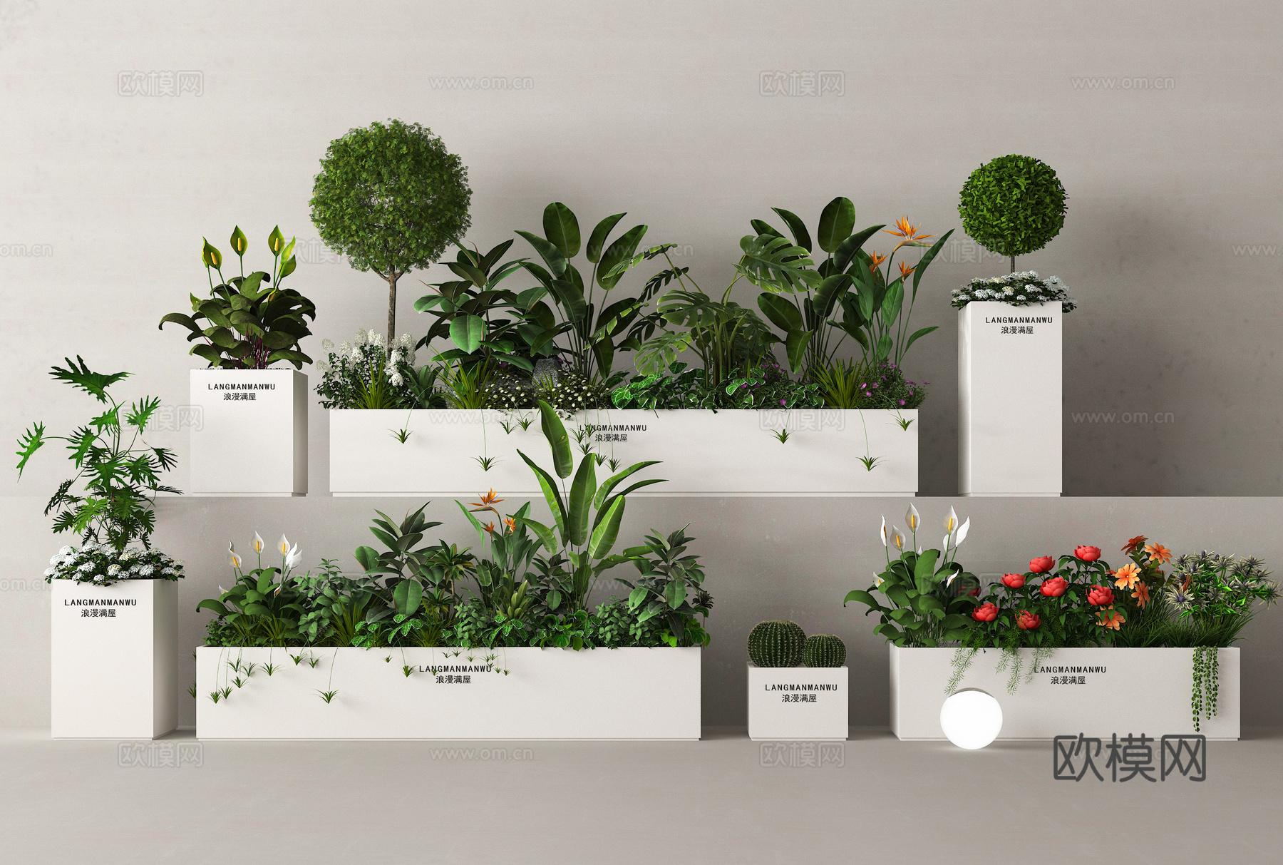户外花箱 花槽 防腐木花箱 绿植su模型